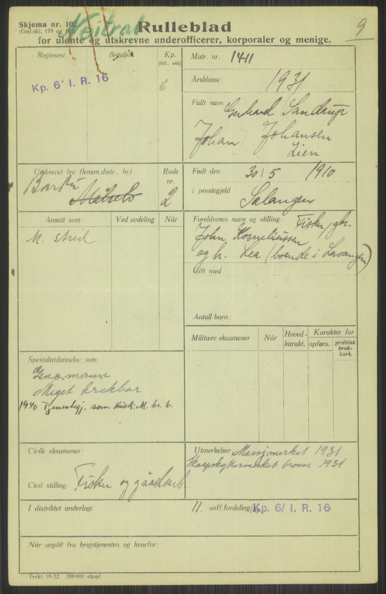 Forsvaret, Troms infanteriregiment nr. 16, AV/RA-RAFA-3146/P/Pa/L0015: Rulleblad for regimentets menige mannskaper, årsklasse 1931, 1931, p. 713