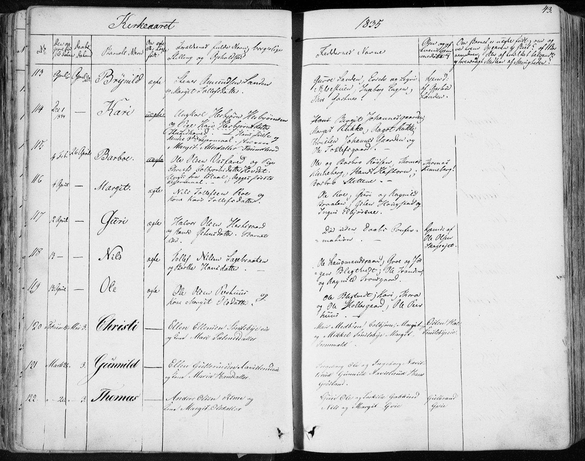 Nes kirkebøker, SAKO/A-236/F/Fa/L0009: Parish register (official) no. 9, 1834-1863, p. 43