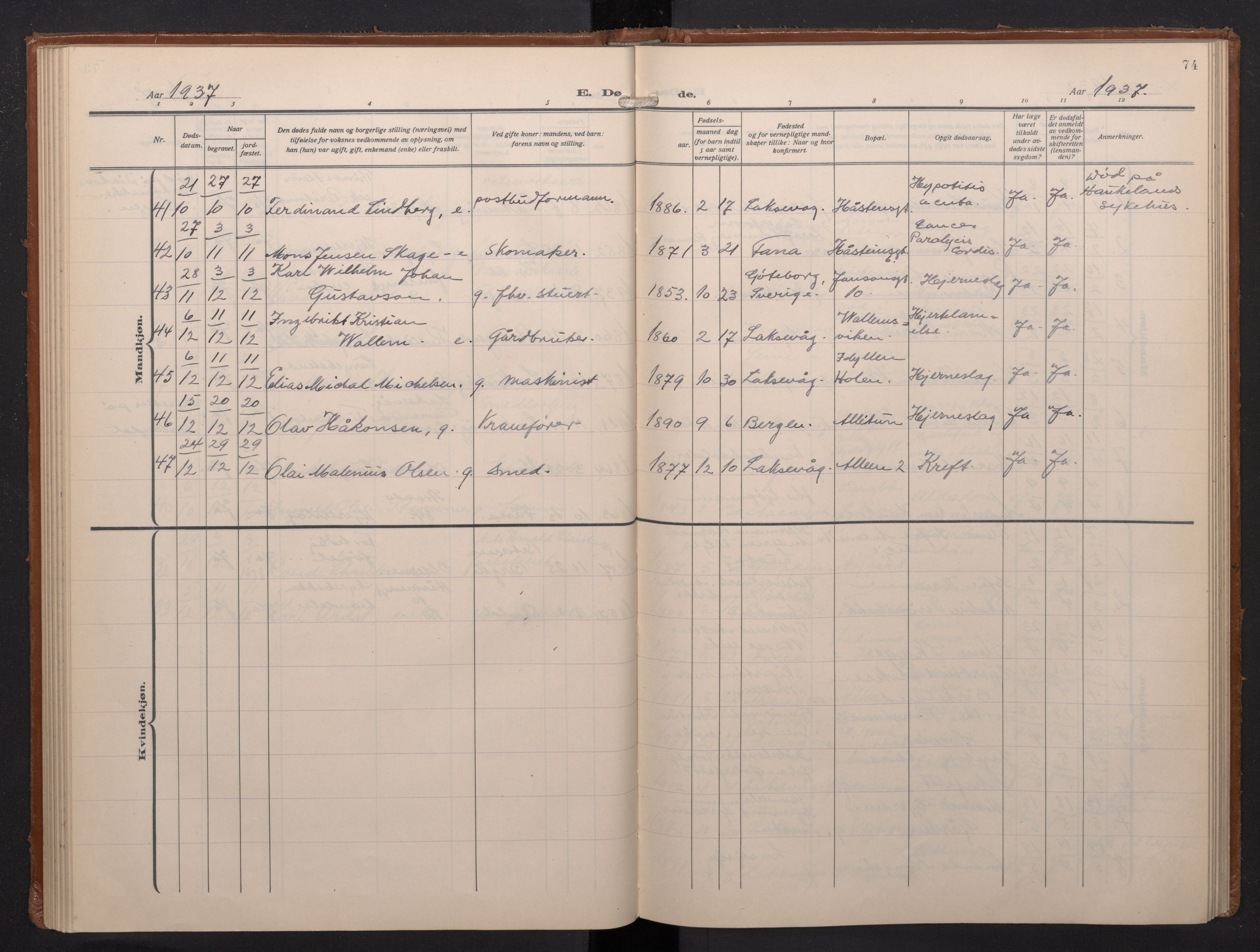 Laksevåg Sokneprestembete, SAB/A-76501/H/Ha/Haa/Haae/L0001: Parish register (official) no. E 1, 1924-1950, p. 74