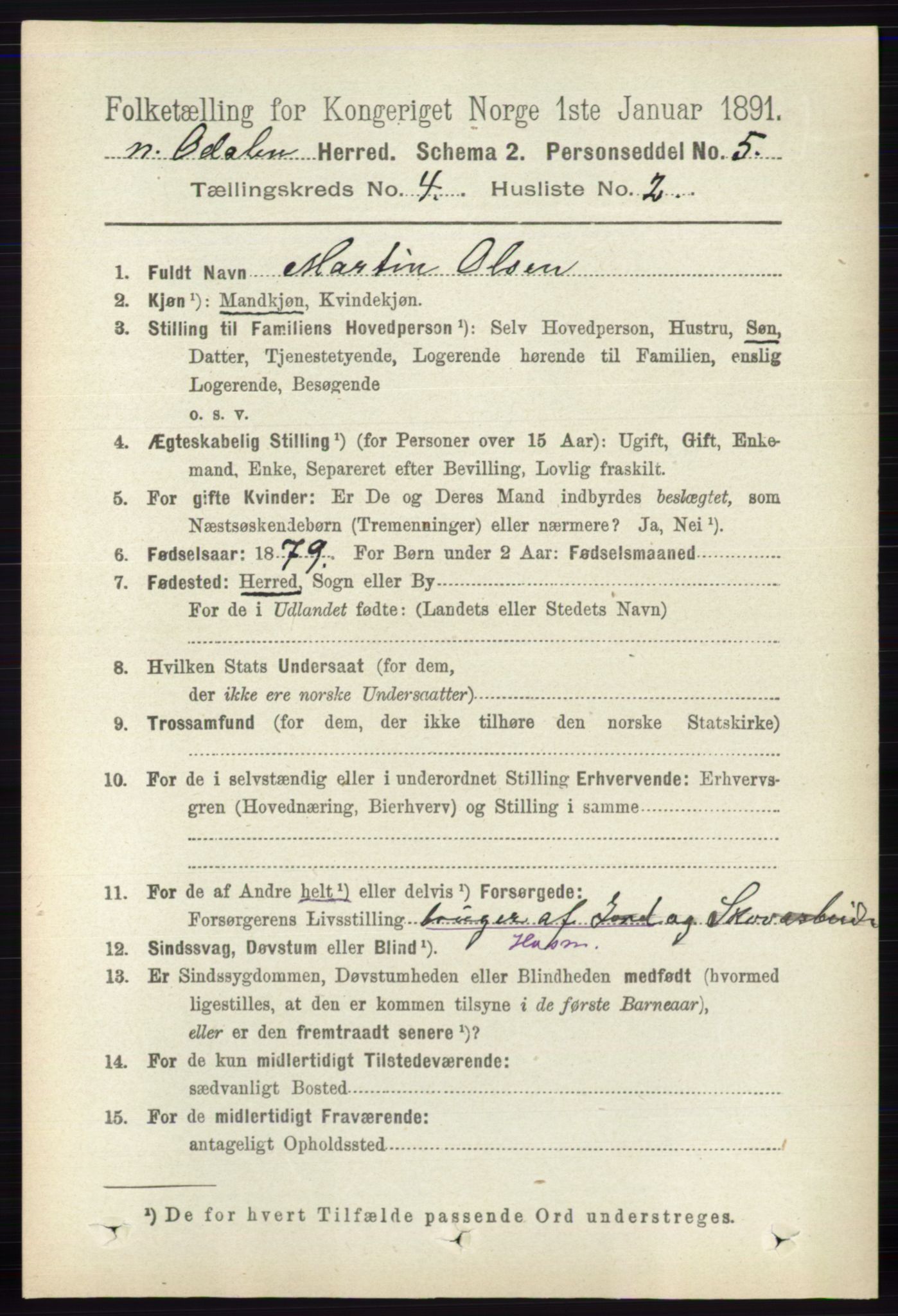 RA, 1891 census for 0418 Nord-Odal, 1891, p. 1274