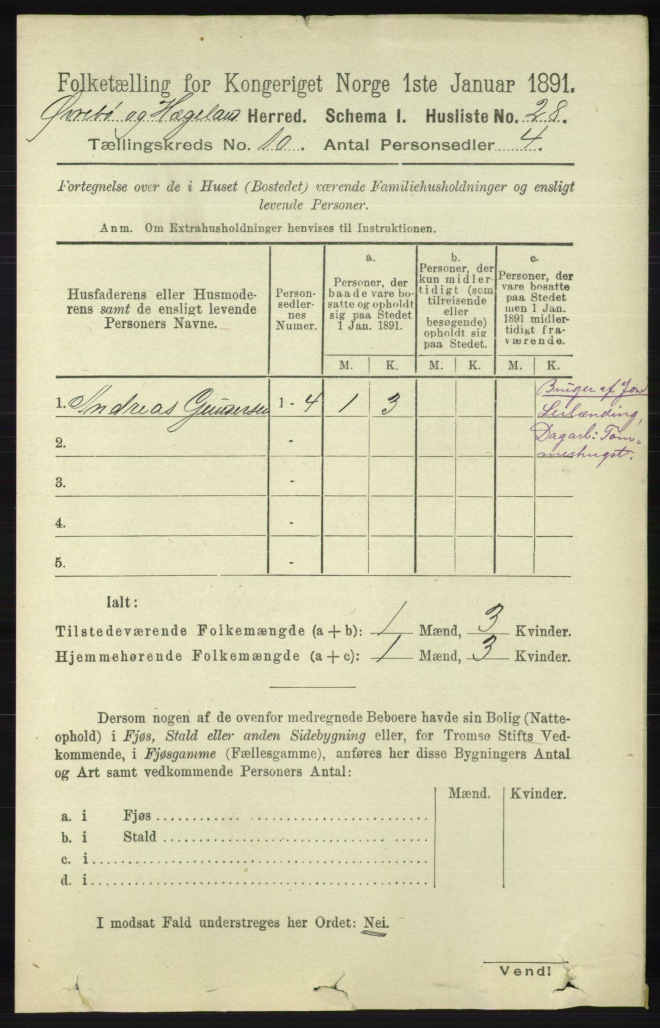 RA, 1891 census for 1016 Øvrebø og Hægeland, 1891, p. 2028