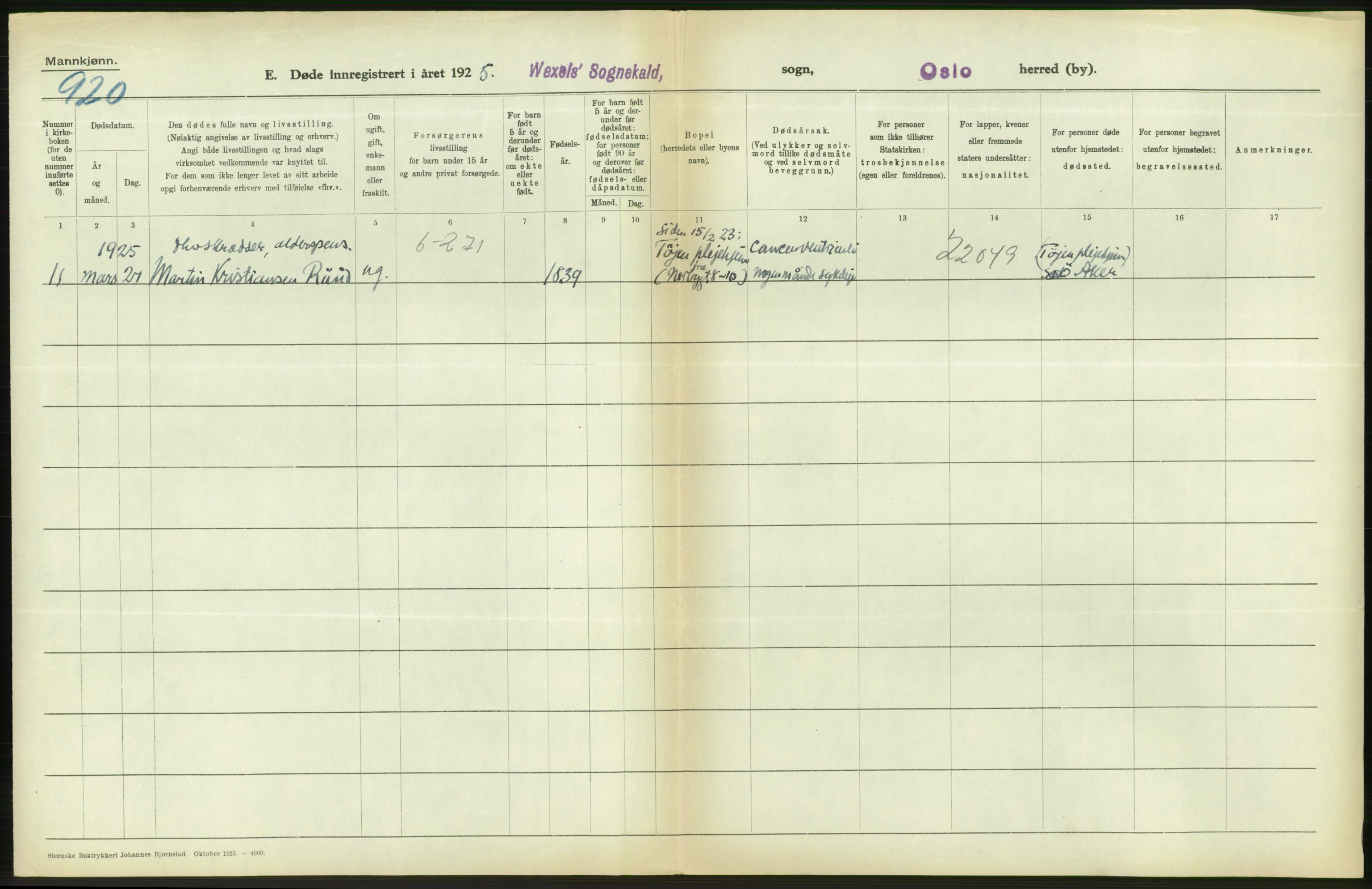 Statistisk sentralbyrå, Sosiodemografiske emner, Befolkning, AV/RA-S-2228/D/Df/Dfc/Dfce/L0009: Oslo: Døde menn, 1925, p. 312