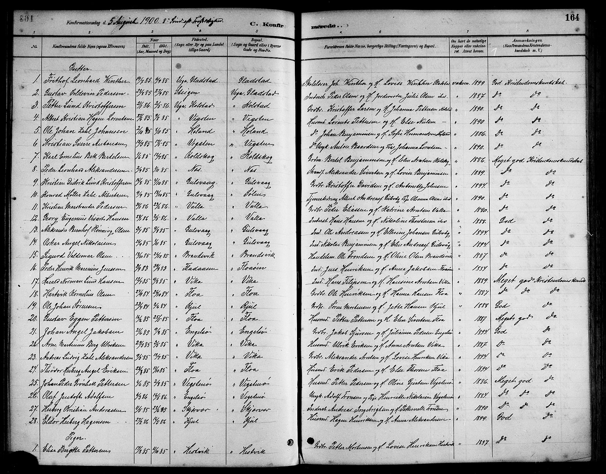 Ministerialprotokoller, klokkerbøker og fødselsregistre - Nordland, SAT/A-1459/816/L0253: Parish register (copy) no. 816C03, 1886-1905, p. 164