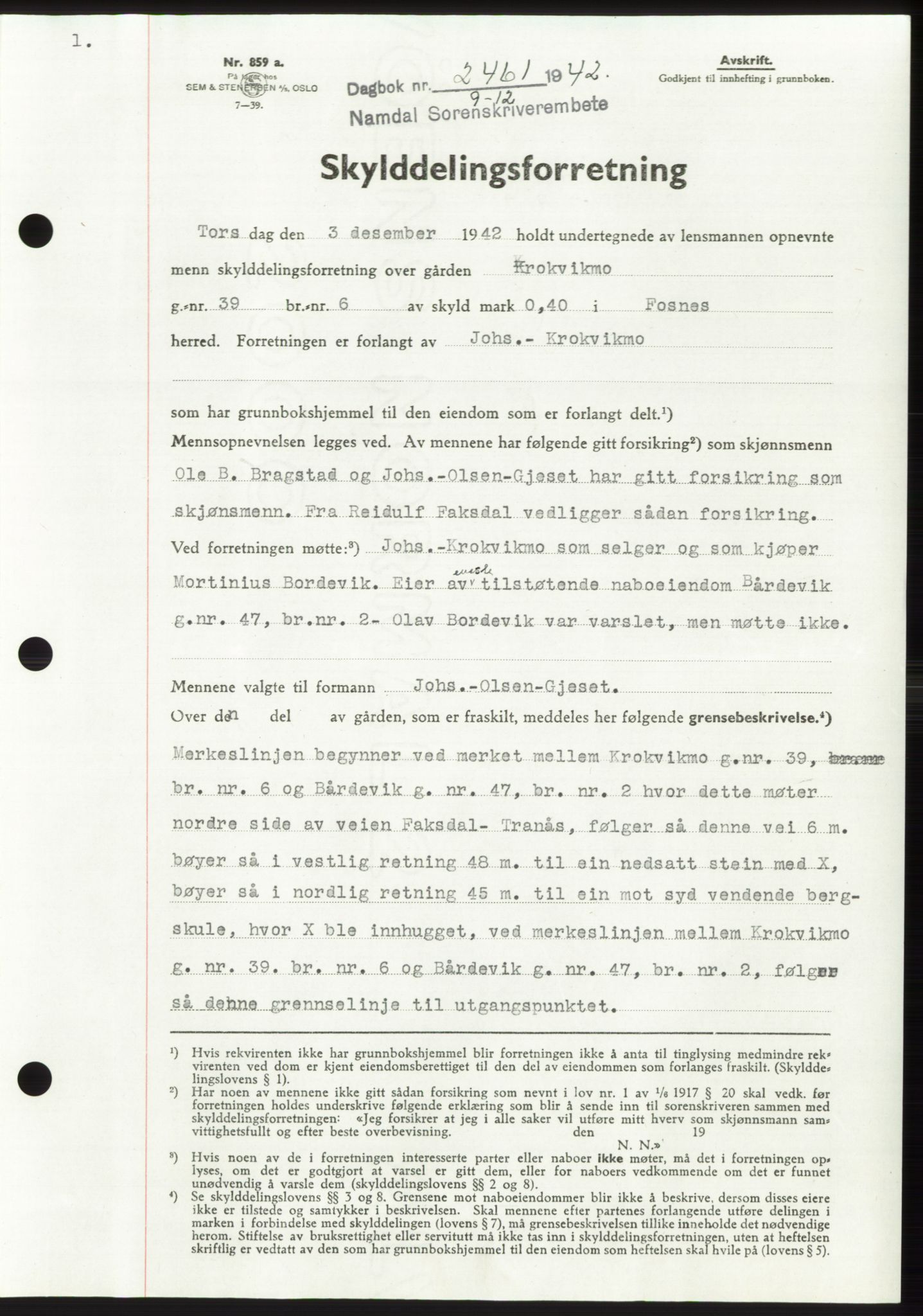 Namdal sorenskriveri, SAT/A-4133/1/2/2C: Mortgage book no. -, 1942-1943, Diary no: : 2461/1942