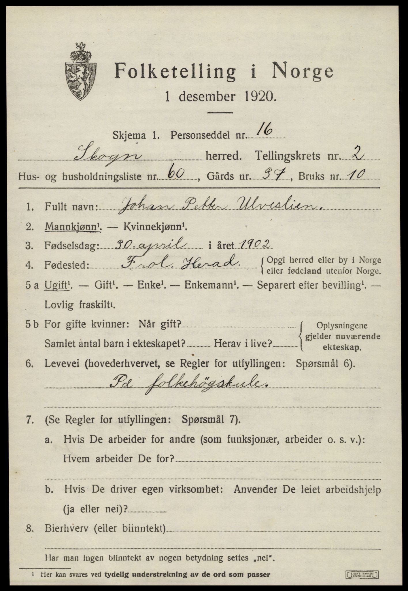 SAT, 1920 census for Skogn, 1920, p. 3677