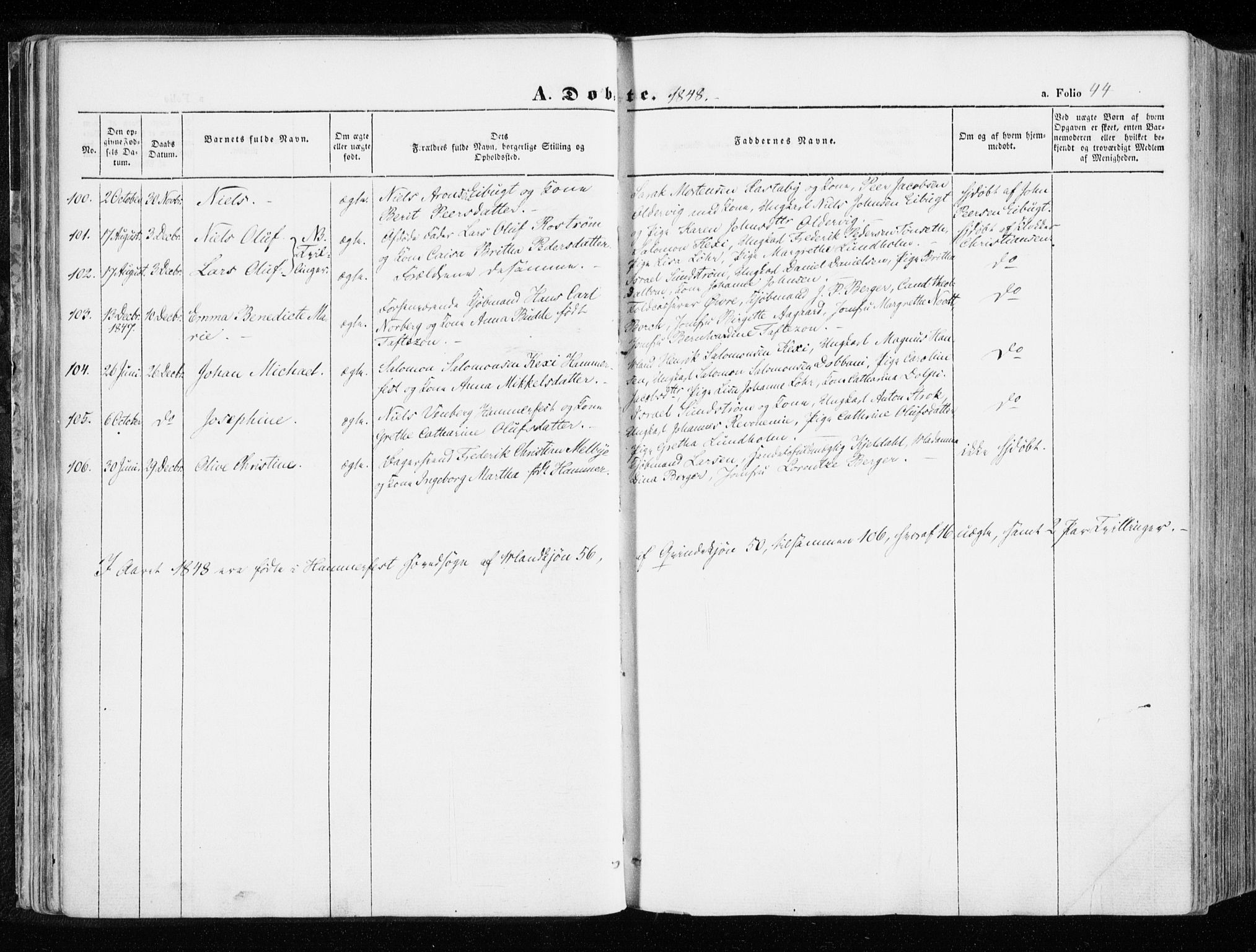 Hammerfest sokneprestkontor, AV/SATØ-S-1347/H/Ha/L0004.kirke: Parish register (official) no. 4, 1843-1856, p. 44