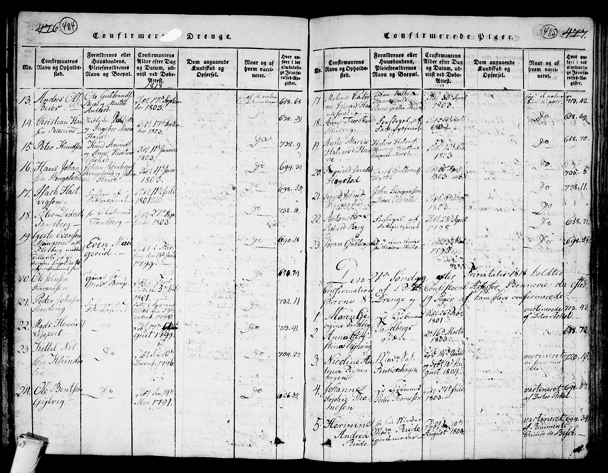 Kongsberg kirkebøker, SAKO/A-22/G/Ga/L0001: Parish register (copy) no. 1, 1816-1839, p. 484-485