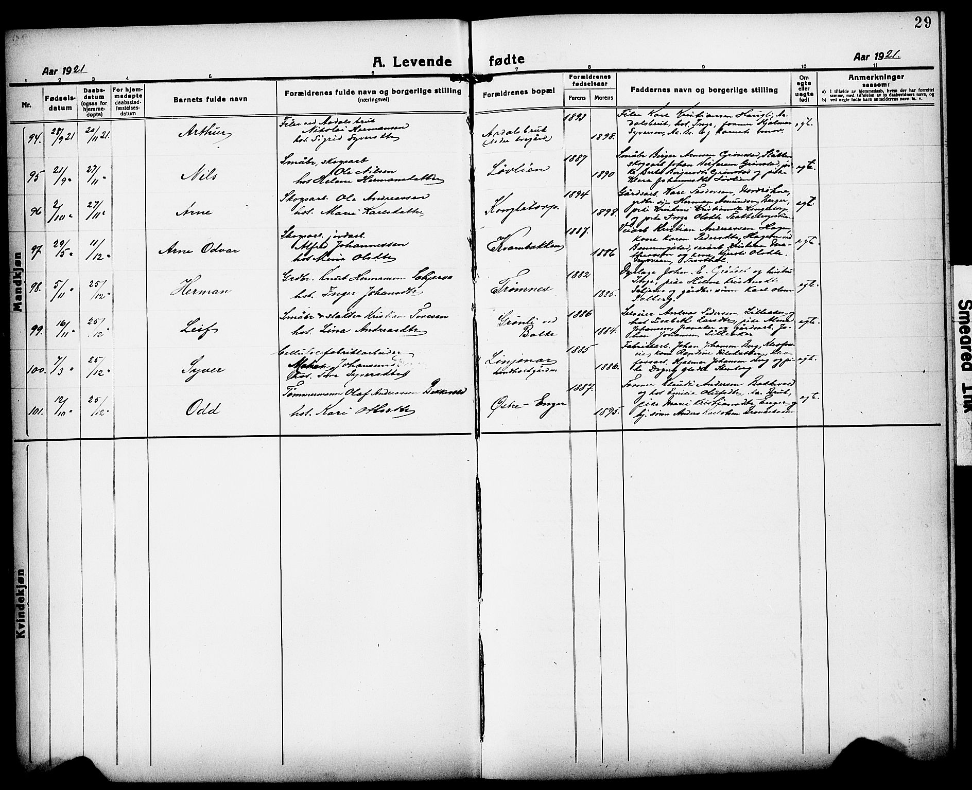 Løten prestekontor, SAH/PREST-022/L/La/L0008: Parish register (copy) no. 8, 1920-1929, p. 29