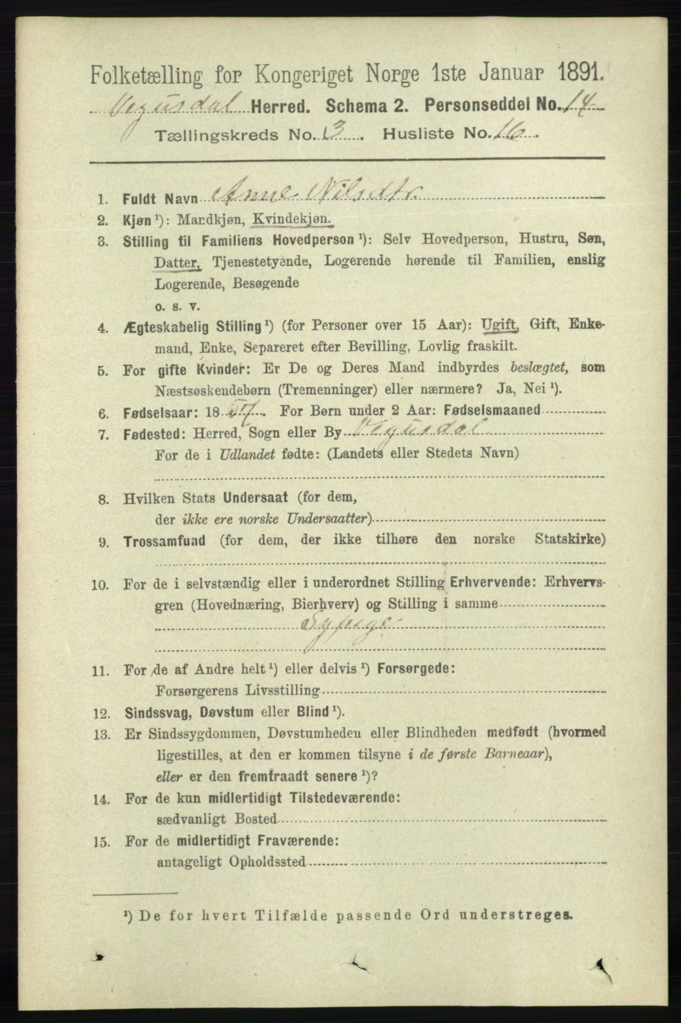 RA, 1891 census for 0934 Vegusdal, 1891, p. 679