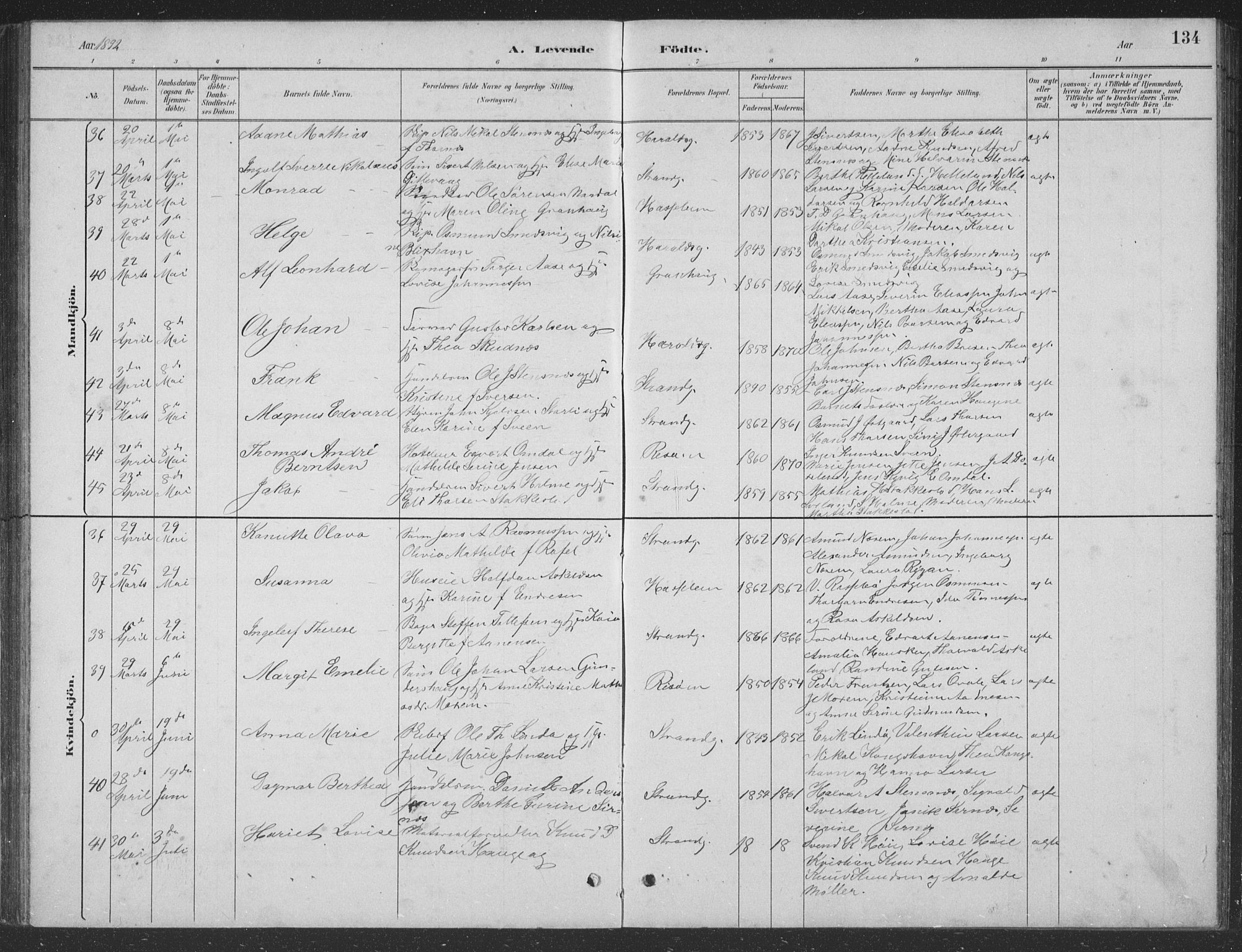 Haugesund sokneprestkontor, AV/SAST-A -101863/H/Ha/Hab/L0002: Parish register (copy) no. B 2, 1881-1894, p. 134