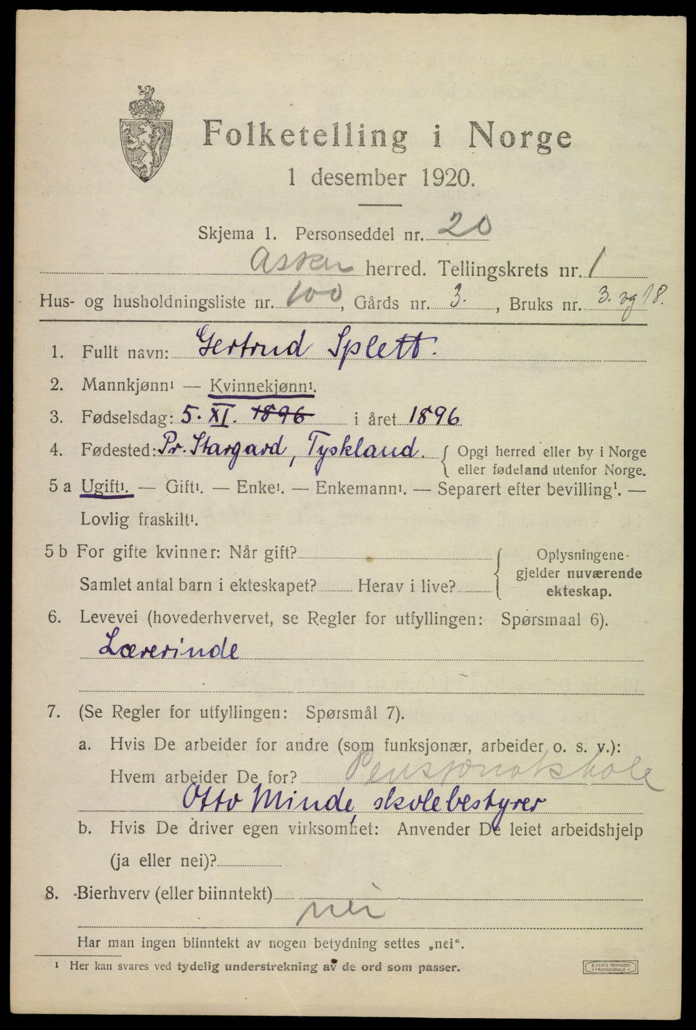 SAO, 1920 census for Asker, 1920, p. 3882