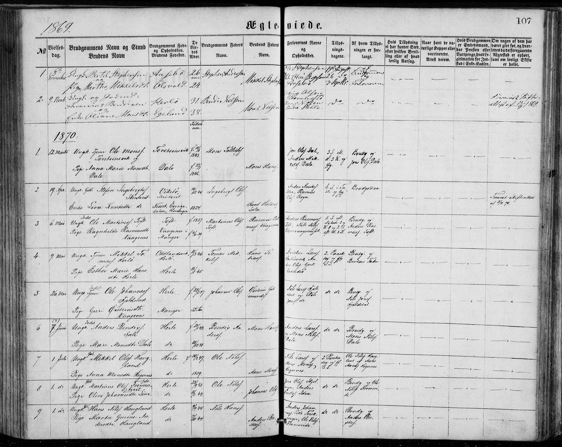 Herdla Sokneprestembete, AV/SAB-A-75701/H/Haa: Parish register (official) no. A 2, 1869-1877, p. 107