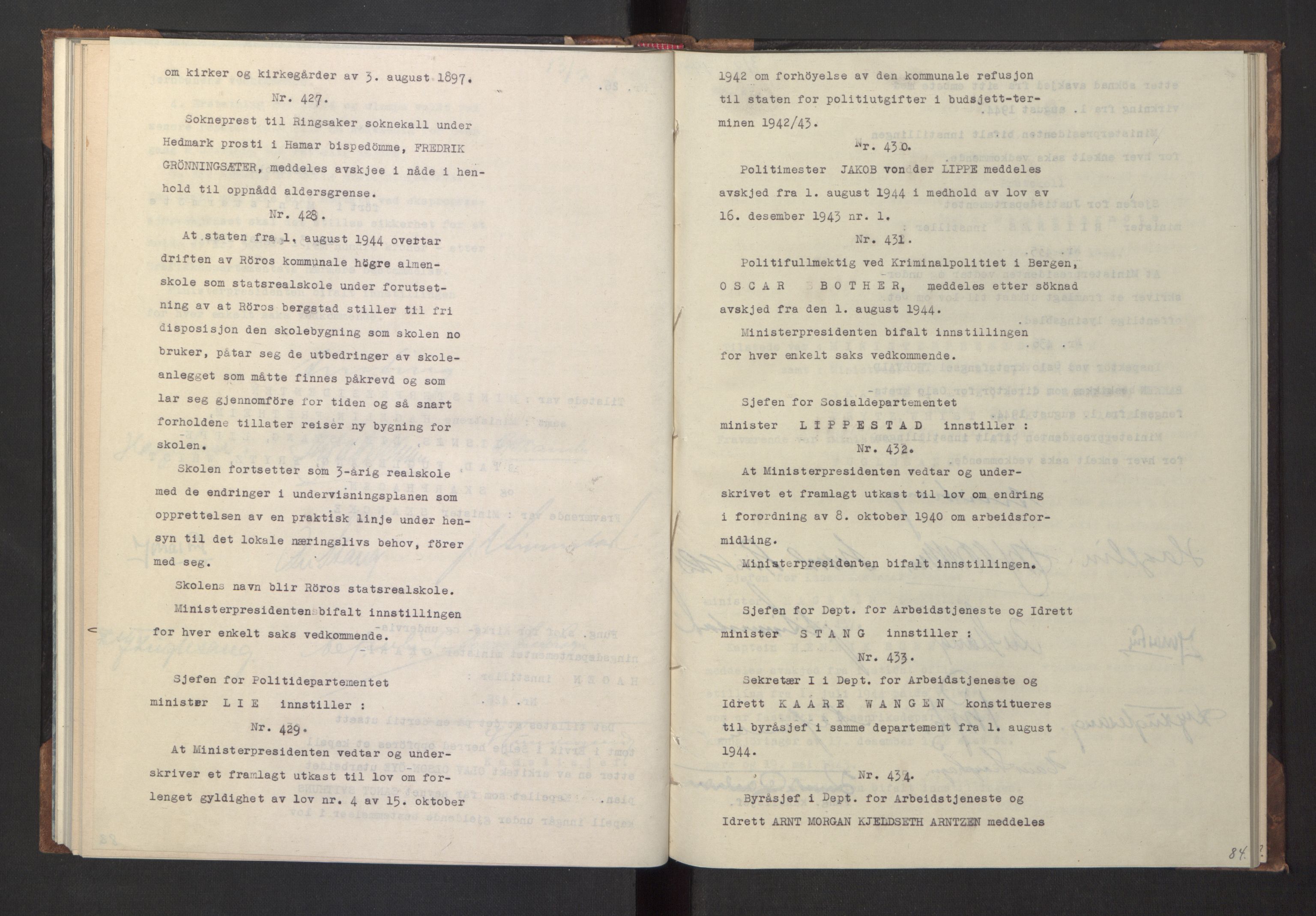 NS-administrasjonen 1940-1945 (Statsrådsekretariatet, de kommisariske statsråder mm), RA/S-4279/D/Da/L0005: Protokoll fra ministermøter, 1944, p. 86