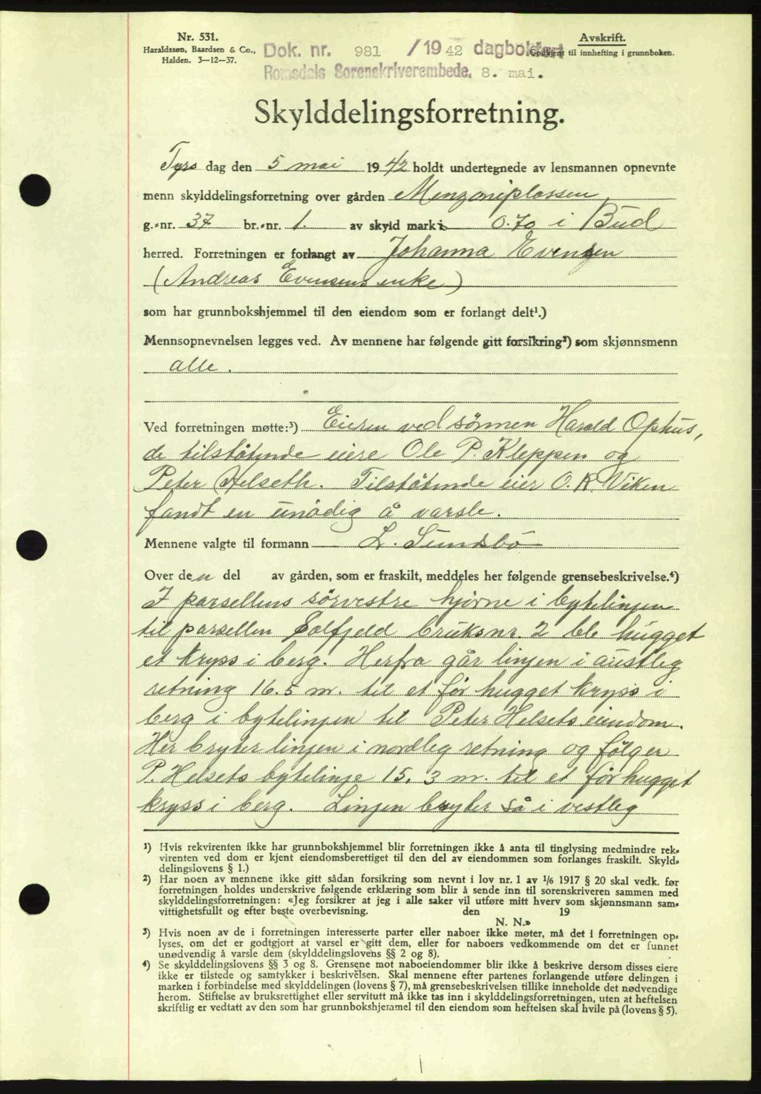 Romsdal sorenskriveri, AV/SAT-A-4149/1/2/2C: Mortgage book no. A12, 1942-1942, Diary no: : 981/1942