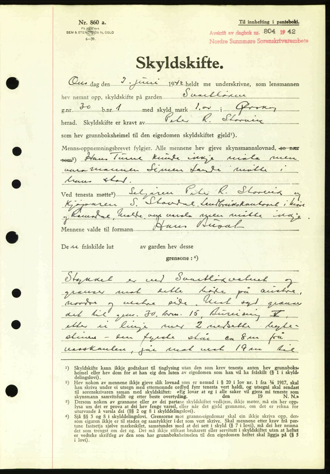 Nordre Sunnmøre sorenskriveri, AV/SAT-A-0006/1/2/2C/2Ca: Mortgage book no. A13, 1942-1942, Diary no: : 804/1942