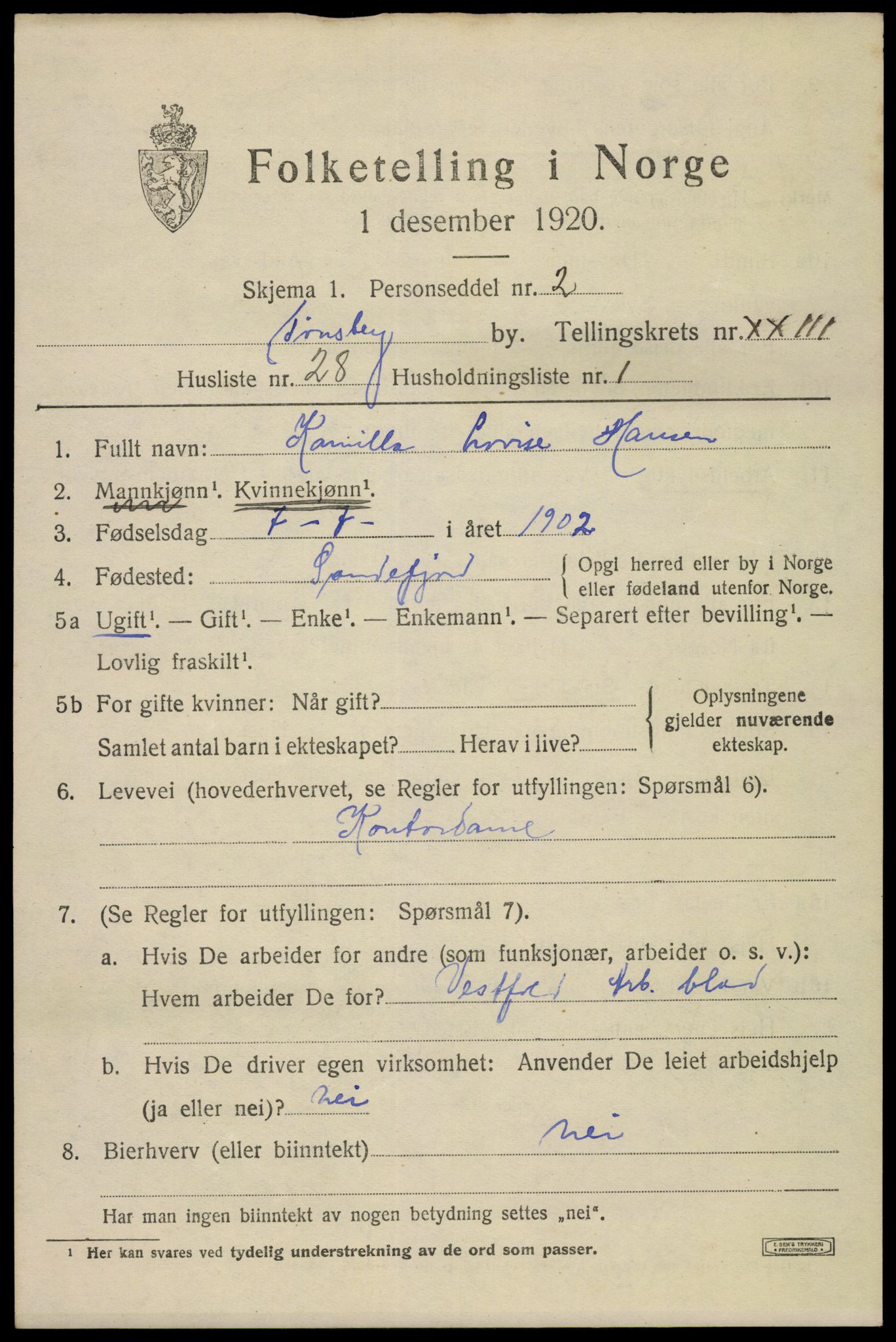 SAKO, 1920 census for Tønsberg, 1920, p. 33167