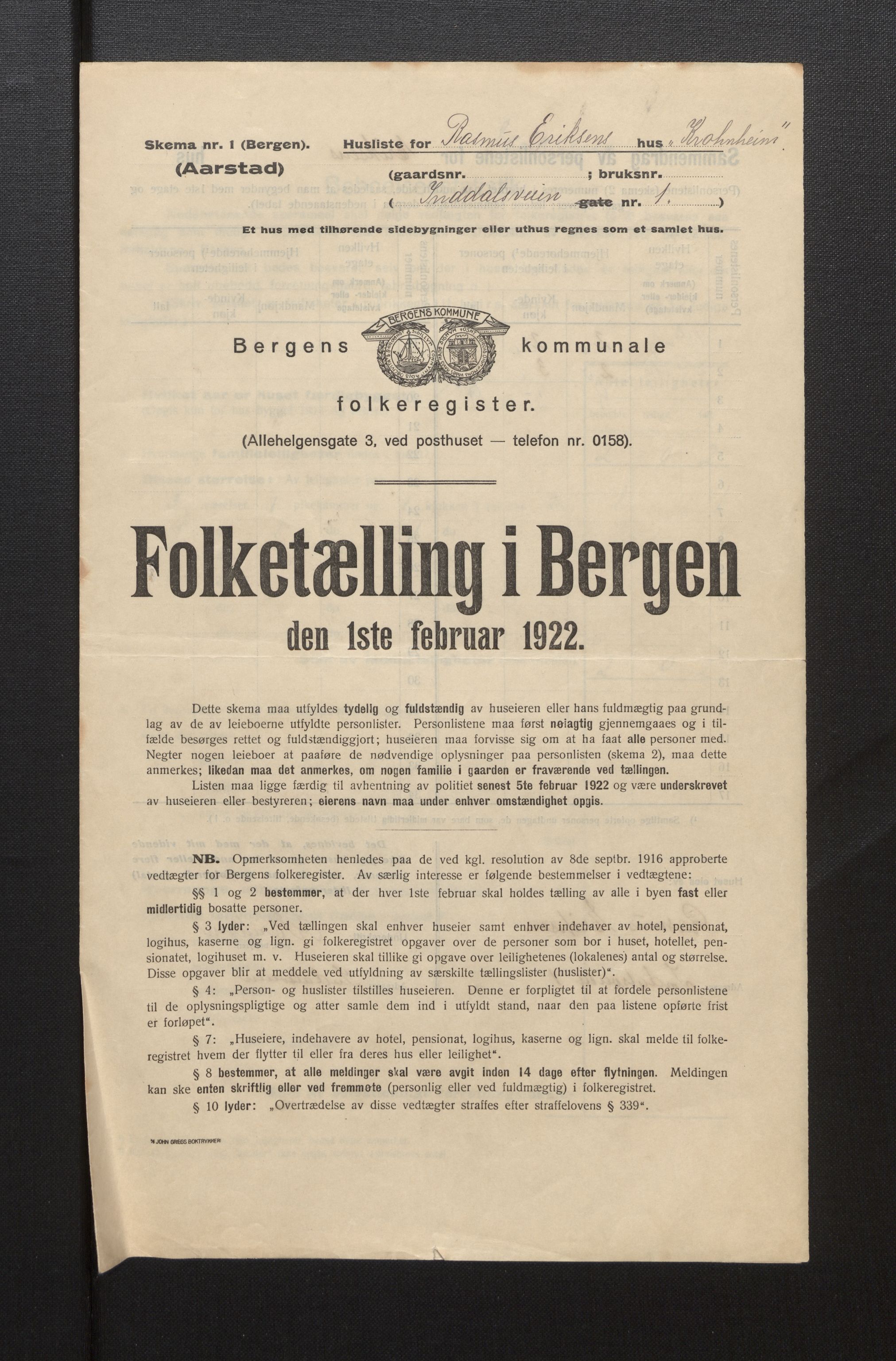SAB, Municipal Census 1922 for Bergen, 1922, p. 53799