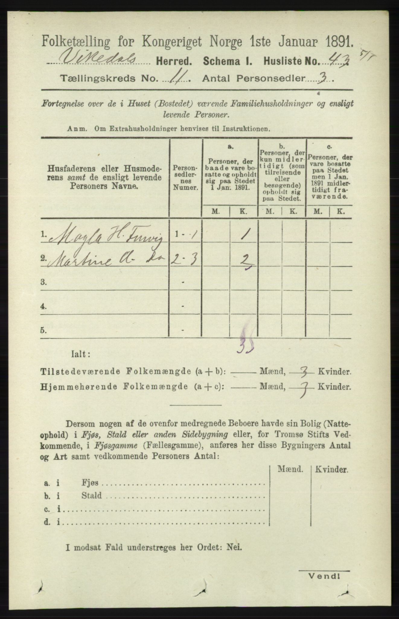 RA, 1891 census for 1157 Vikedal, 1891, p. 2885