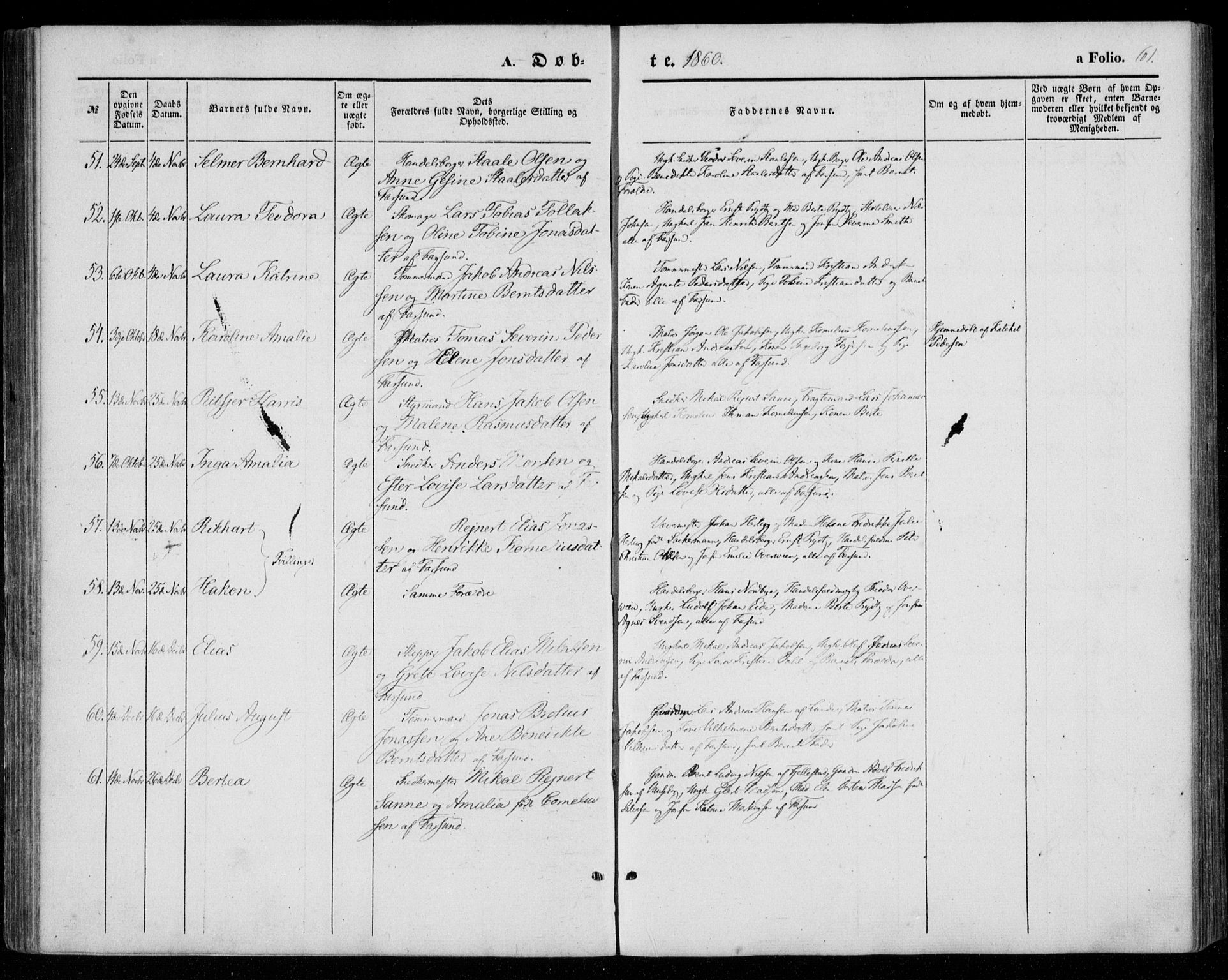 Farsund sokneprestkontor, SAK/1111-0009/F/Fa/L0004: Parish register (official) no. A 4, 1847-1863, p. 61