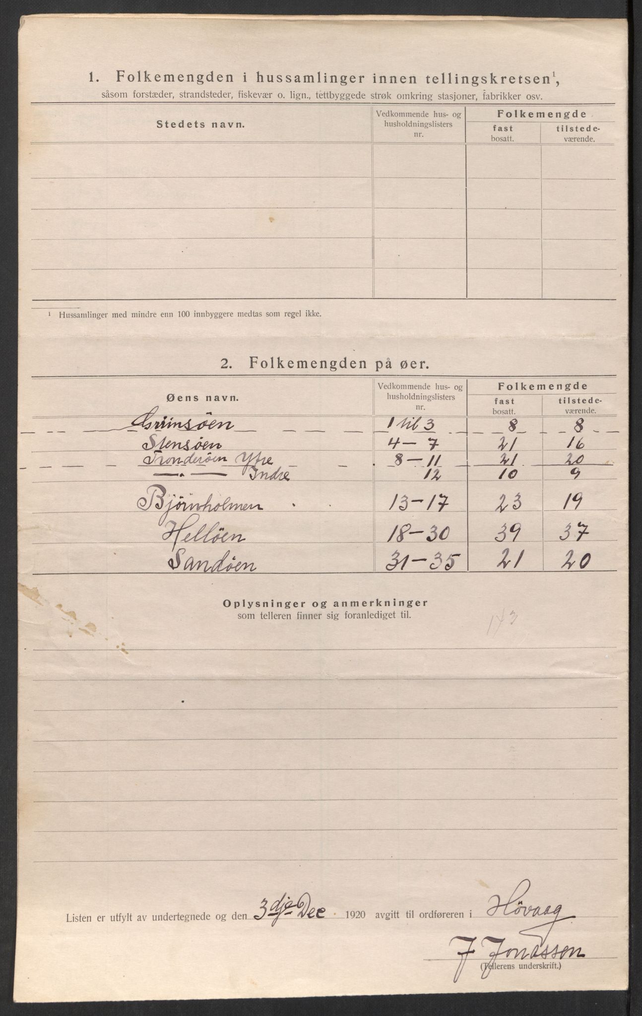 SAK, 1920 census for Høvåg, 1920, p. 26