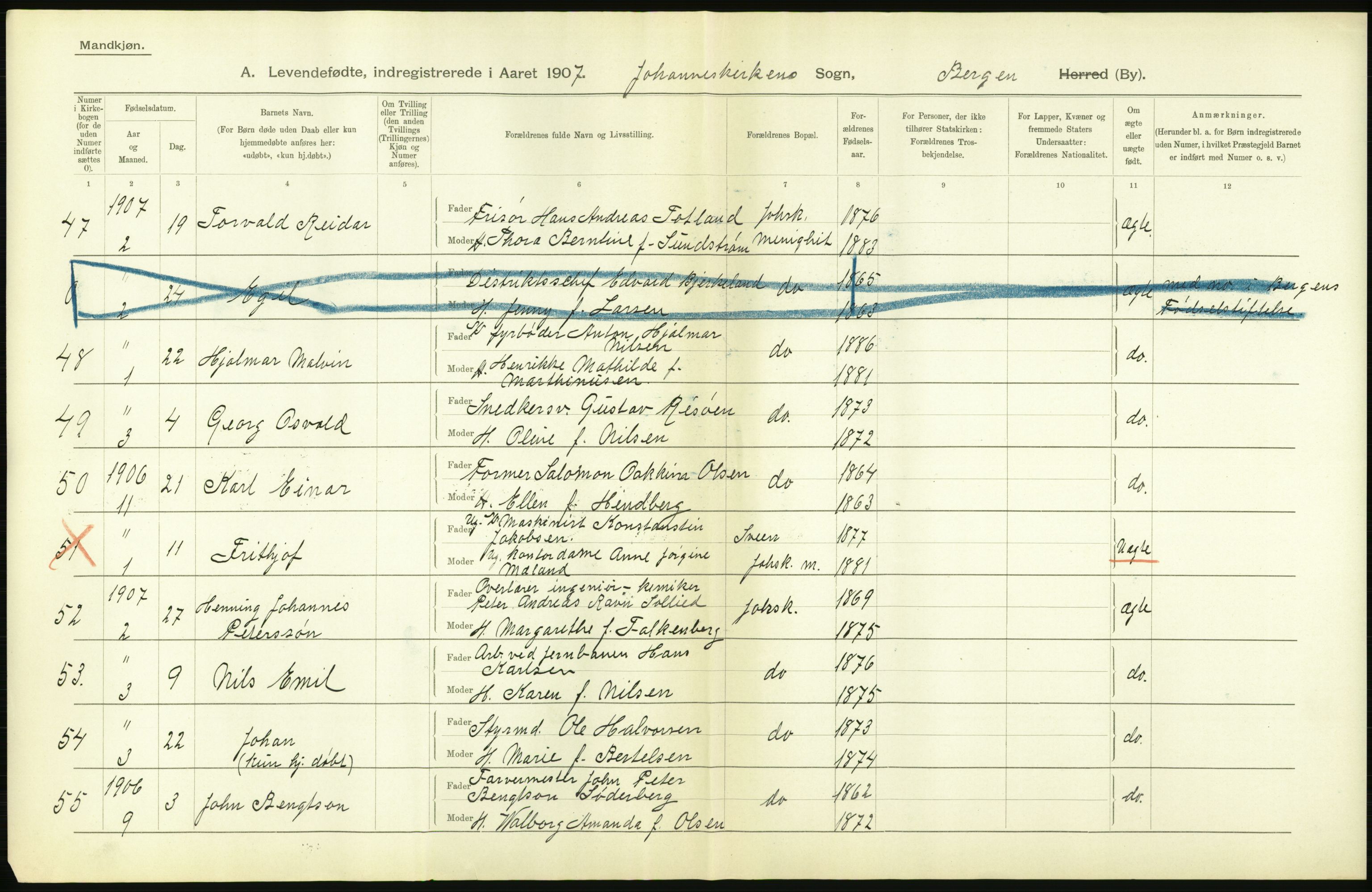 Statistisk sentralbyrå, Sosiodemografiske emner, Befolkning, AV/RA-S-2228/D/Df/Dfa/Dfae/L0030: Bergen: Levendefødte menn og kvinner., 1907, p. 52