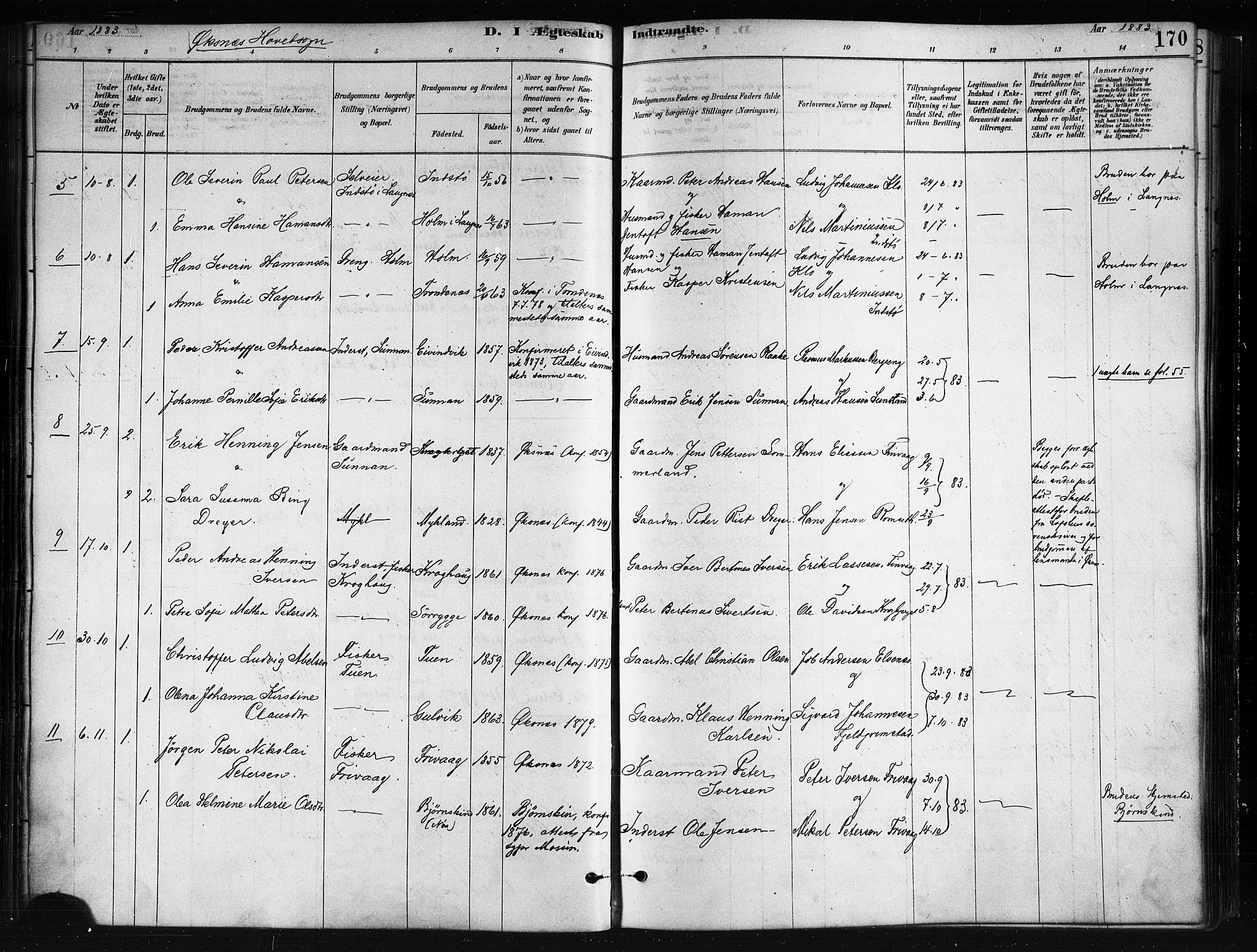 Ministerialprotokoller, klokkerbøker og fødselsregistre - Nordland, AV/SAT-A-1459/893/L1335: Parish register (official) no. 893A08 /1, 1878-1884, p. 170