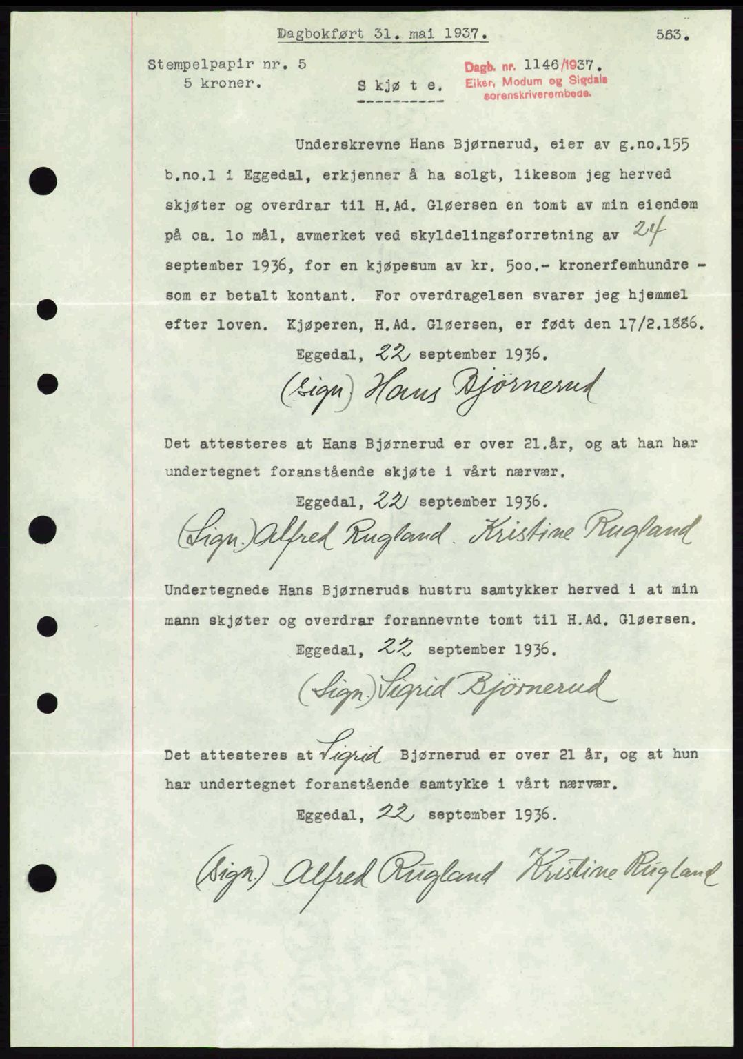 Eiker, Modum og Sigdal sorenskriveri, SAKO/A-123/G/Ga/Gab/L0035: Mortgage book no. A5, 1937-1937, Diary no: : 1146/1937