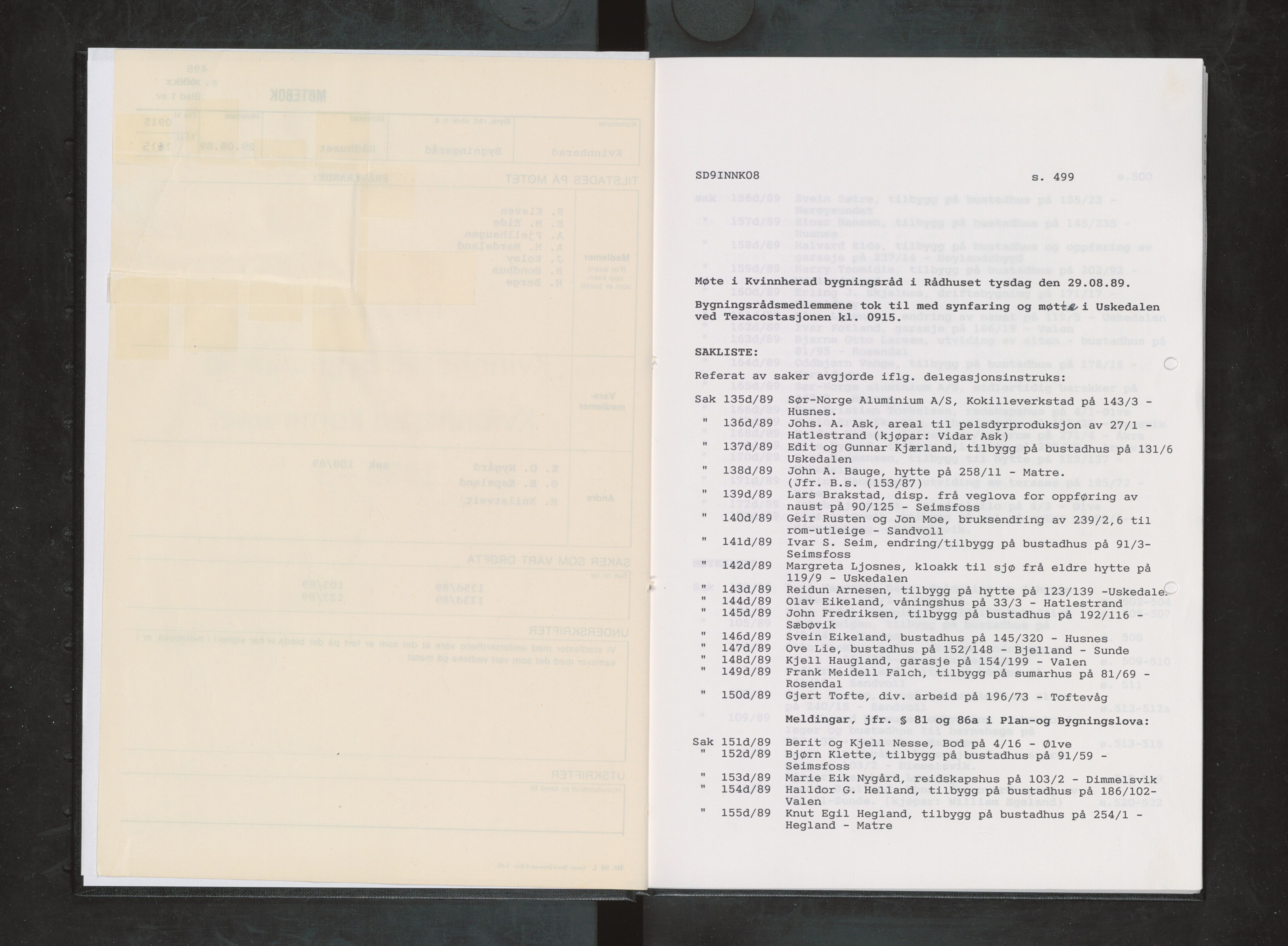 Kvinnherad kommune. Bygningsrådet , IKAH/1224-511/A/Aa/L0061: Møtebok for Kvinnherad bygningsråd, 1989