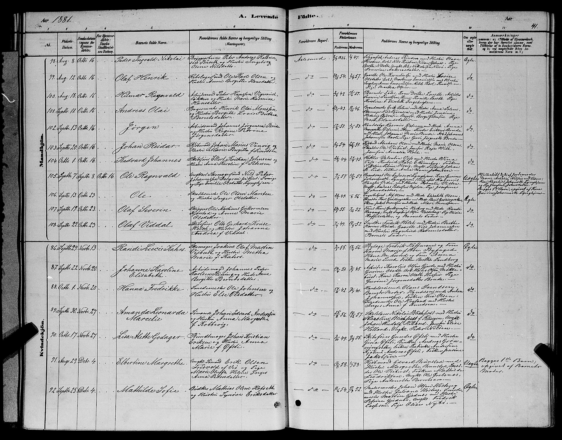 Ministerialprotokoller, klokkerbøker og fødselsregistre - Møre og Romsdal, AV/SAT-A-1454/529/L0466: Parish register (copy) no. 529C03, 1878-1888, p. 41