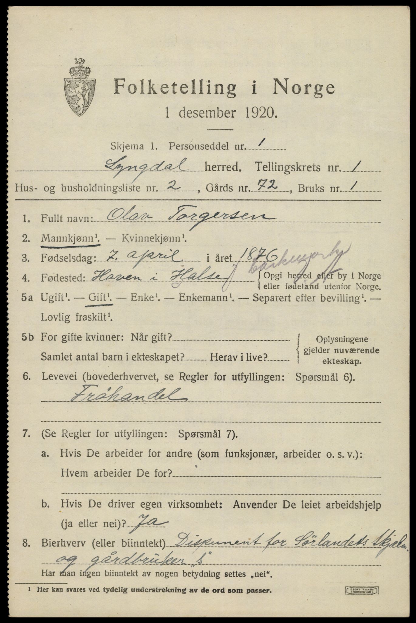 SAK, 1920 census for Lyngdal, 1920, p. 1335