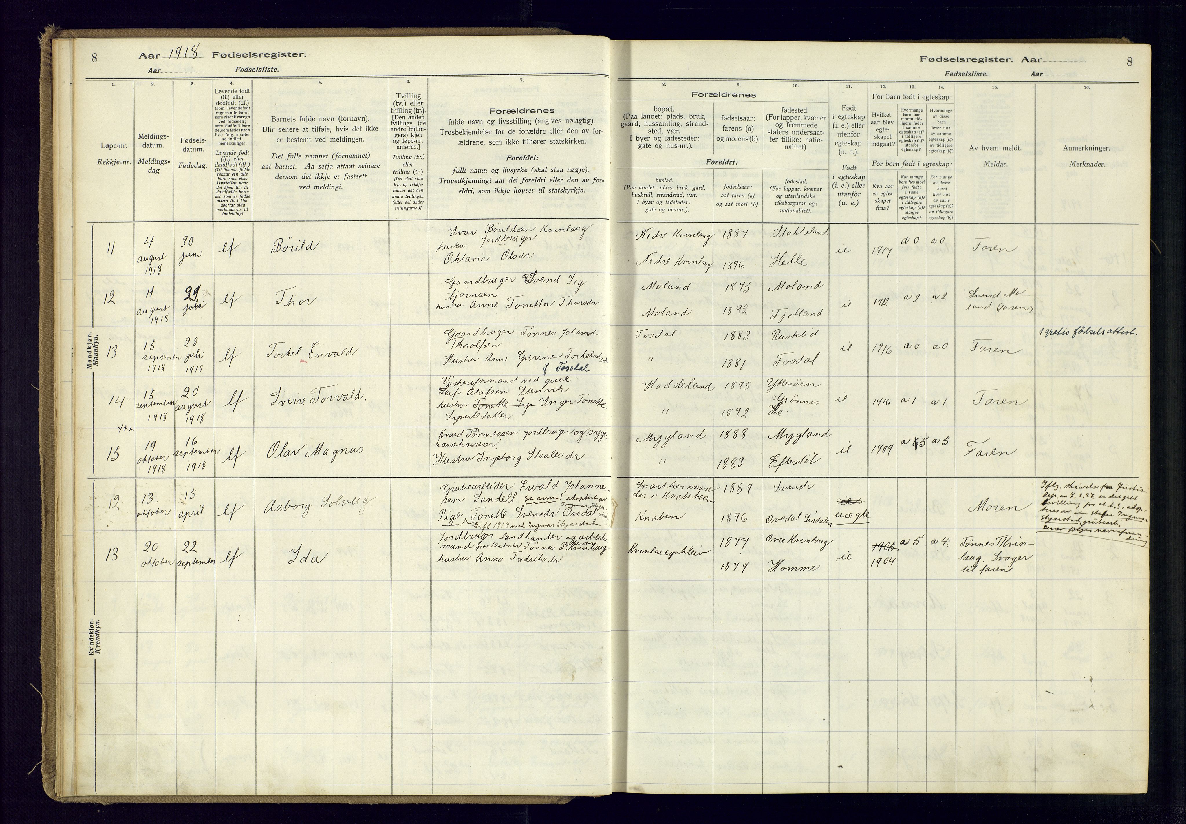 Fjotland sokneprestkontor, AV/SAK-1111-0010/J/Ja/L0001: Birth register no. 1, 1916-1981, p. 8