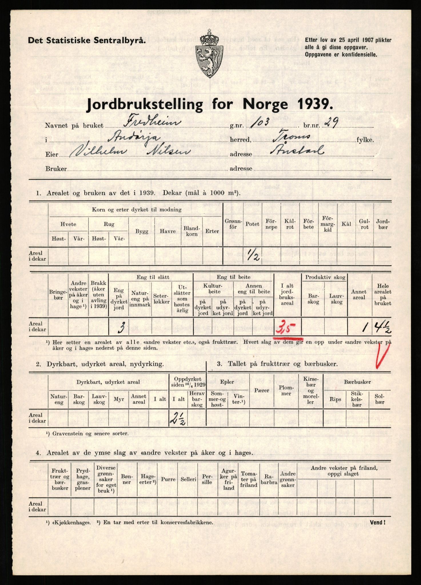 Statistisk sentralbyrå, Næringsøkonomiske emner, Jordbruk, skogbruk, jakt, fiske og fangst, AV/RA-S-2234/G/Gb/L0339: Troms: Andørja, Astafjord og Lavangen, 1939, p. 414