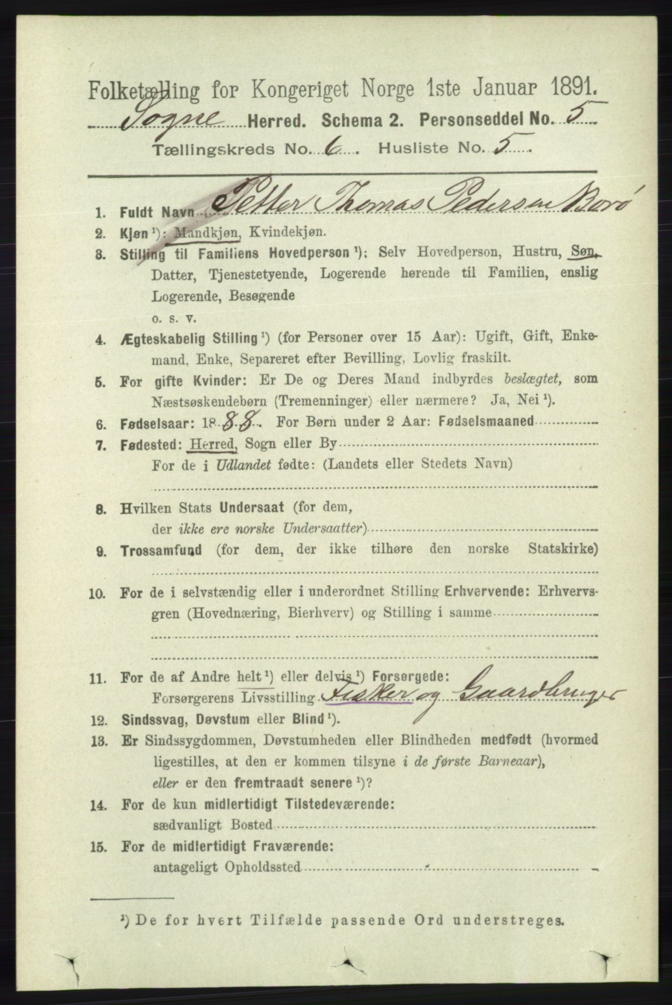 RA, 1891 census for 1018 Søgne, 1891, p. 1394