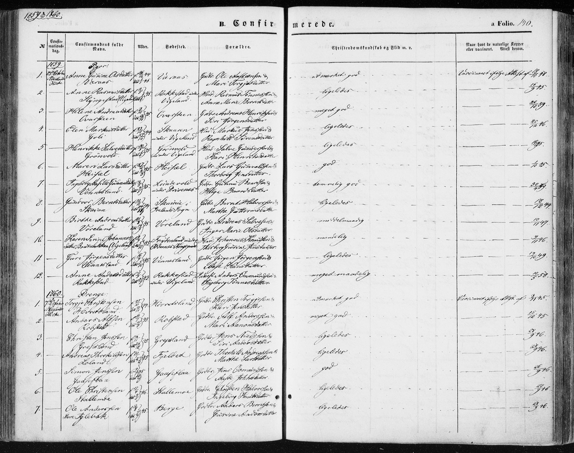 Vennesla sokneprestkontor, AV/SAK-1111-0045/Fa/Fac/L0007: Parish register (official) no. A 7, 1855-1873, p. 140