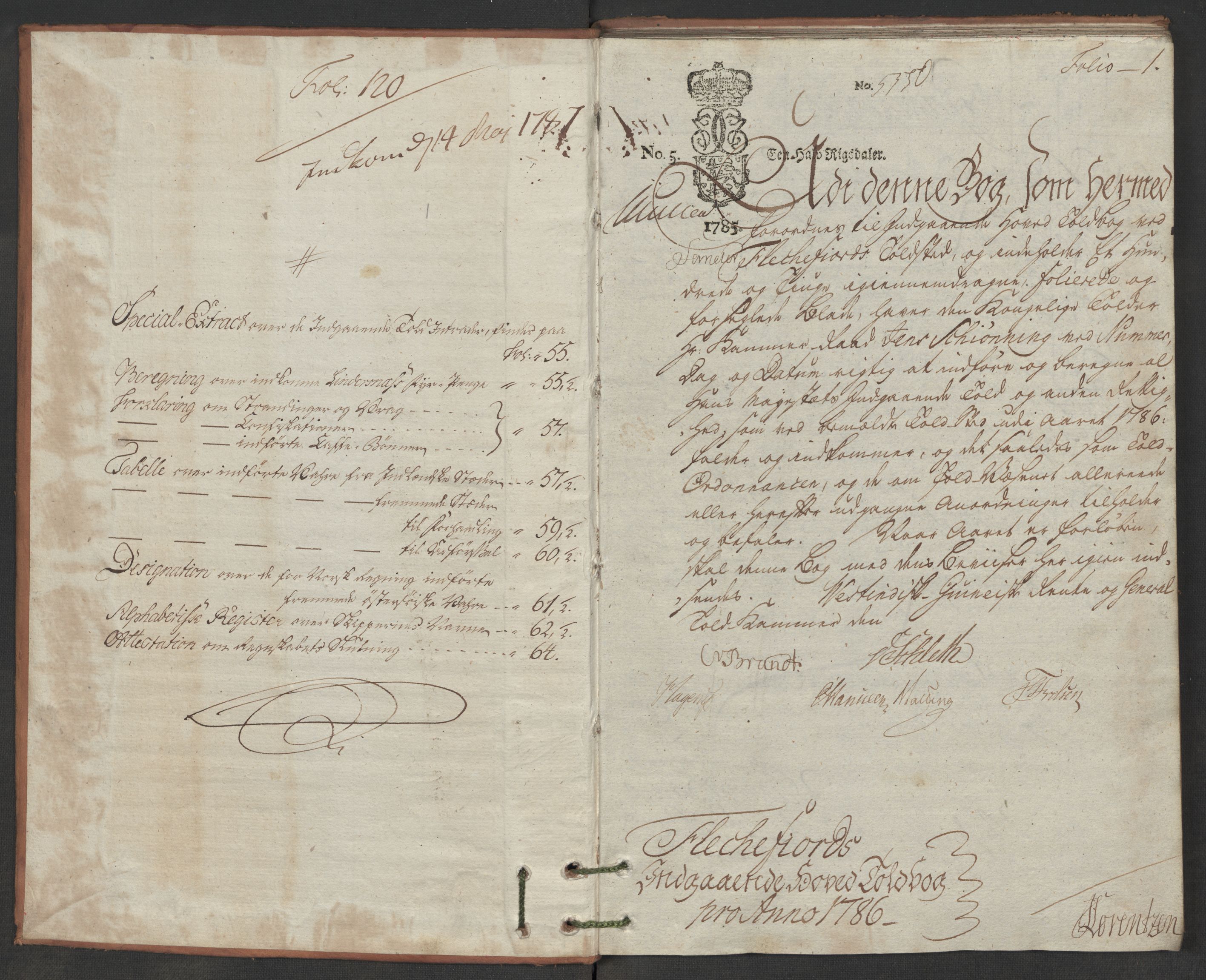 Generaltollkammeret, tollregnskaper, RA/EA-5490/R19/L0046/0001: Tollregnskaper Flekkefjord / Inngående hovedtollbok, 1786, p. 1a