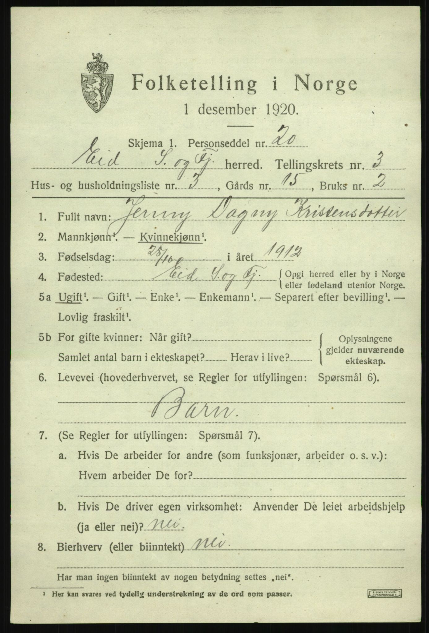 SAB, 1920 census for Eid, 1920, p. 2036