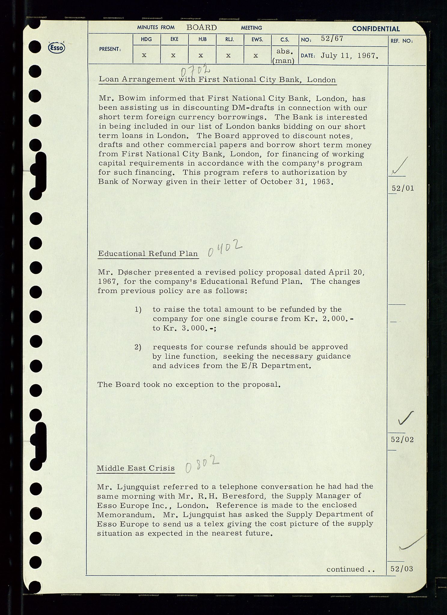 Pa 0982 - Esso Norge A/S, SAST/A-100448/A/Aa/L0002/0003: Den administrerende direksjon Board minutes (styrereferater) / Den administrerende direksjon Board minutes (styrereferater), 1967, p. 104