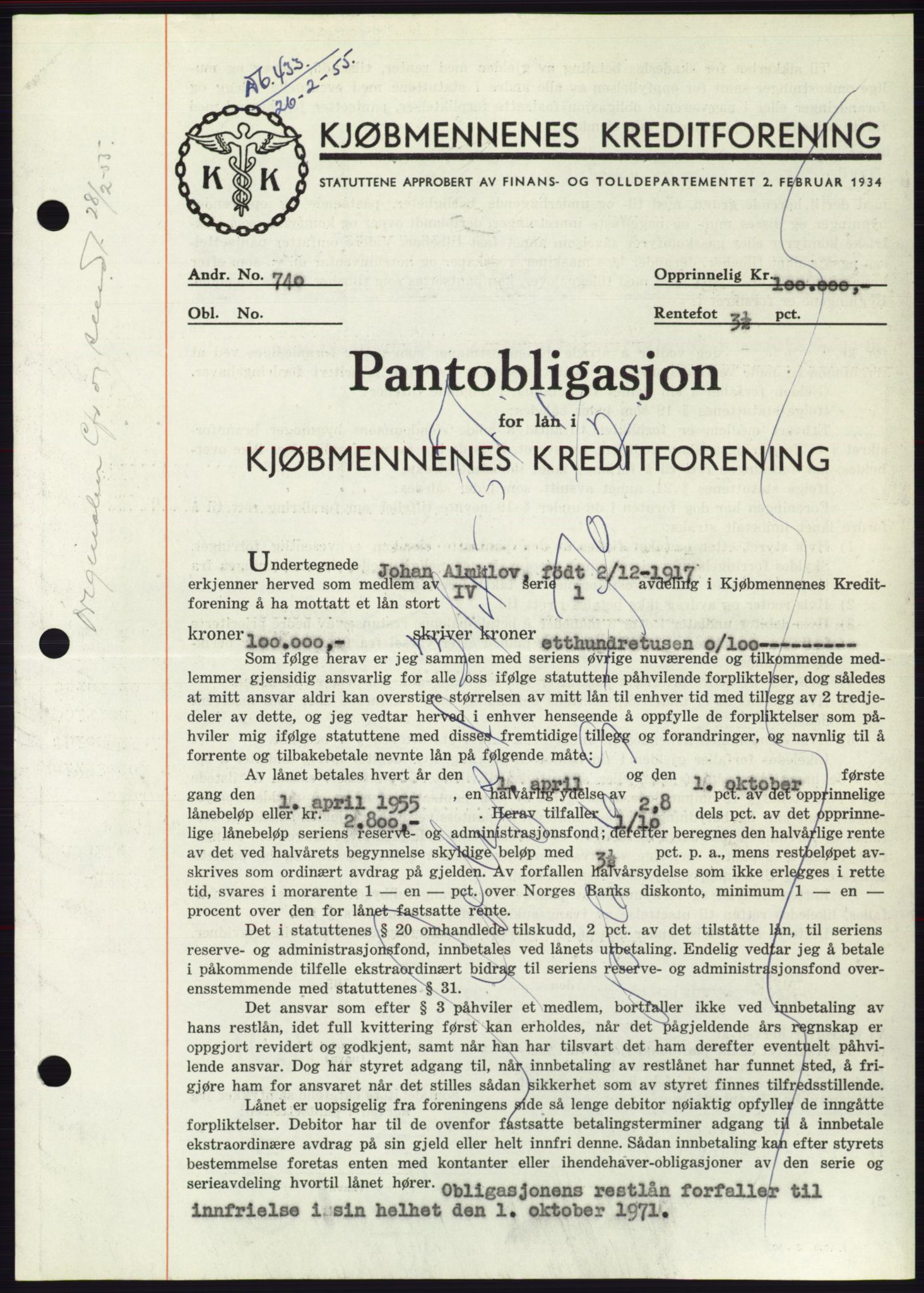 Søre Sunnmøre sorenskriveri, AV/SAT-A-4122/1/2/2C/L0126: Mortgage book no. 14B, 1954-1955, Diary no: : 433/1955