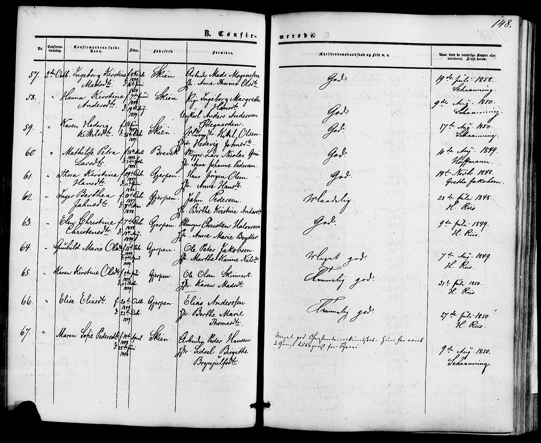 Skien kirkebøker, SAKO/A-302/F/Fa/L0007: Parish register (official) no. 7, 1856-1865, p. 148