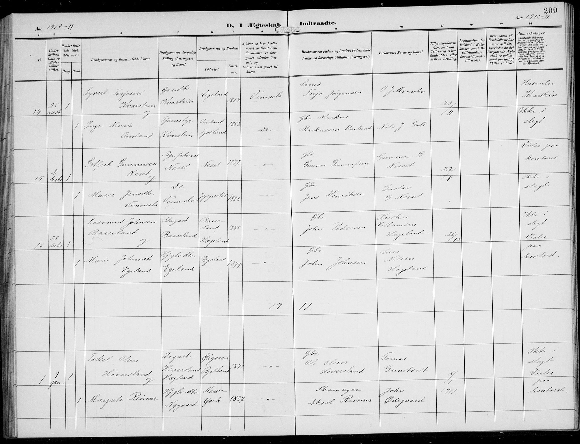 Vennesla sokneprestkontor, SAK/1111-0045/Fb/Fbb/L0005: Parish register (copy) no. B 5, 1903-1913, p. 200