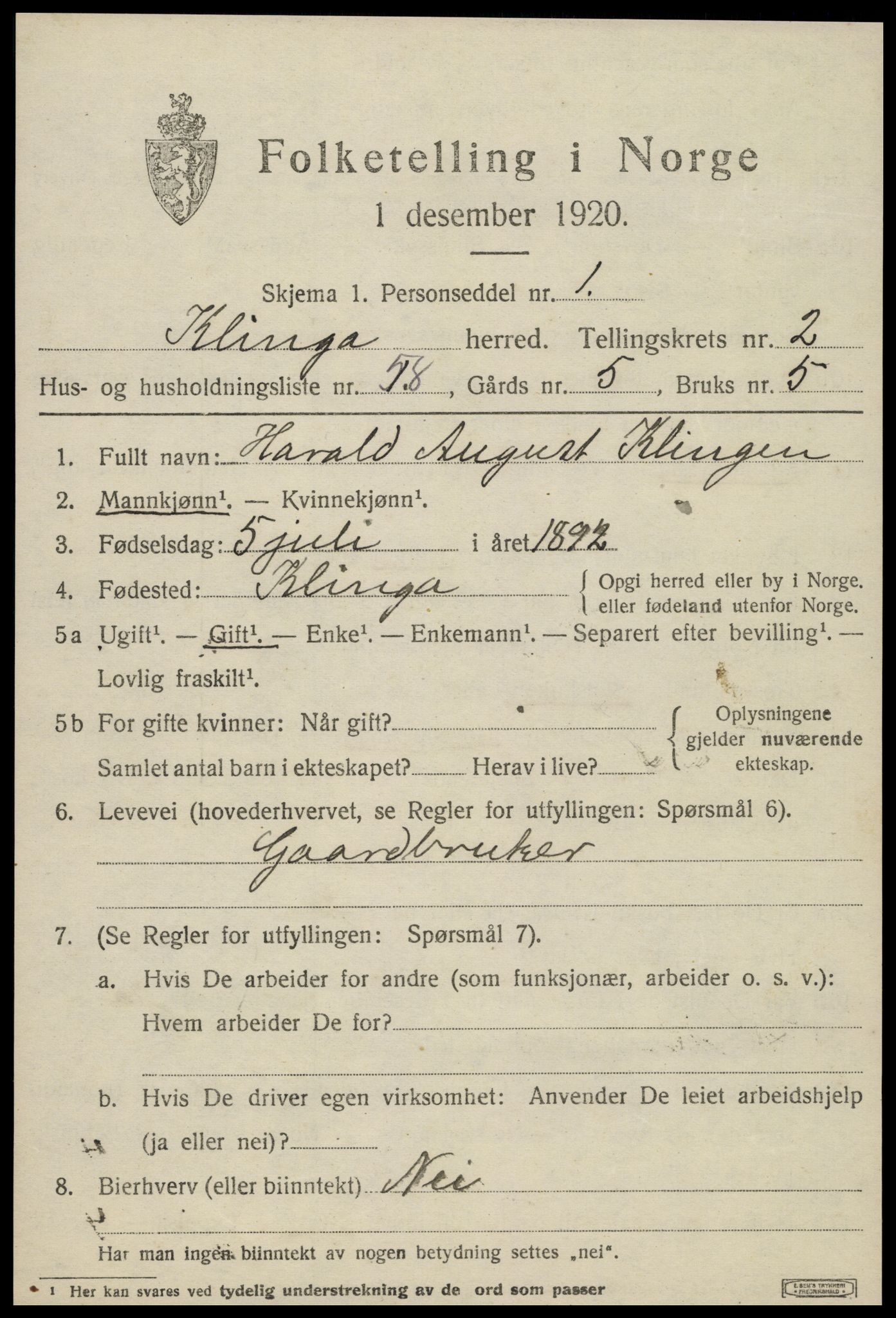 SAT, 1920 census for Klinga, 1920, p. 2051