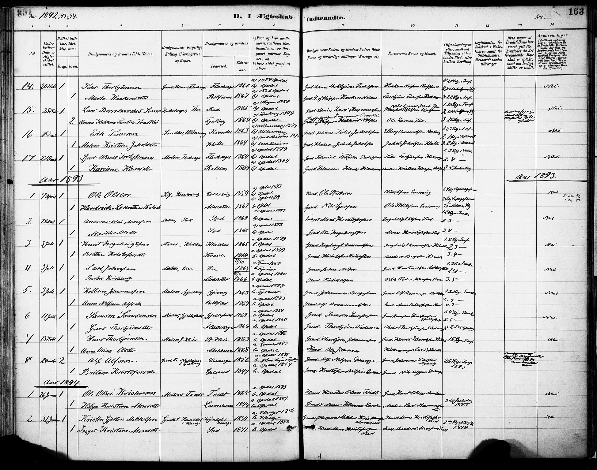 Tysnes sokneprestembete, AV/SAB-A-78601/H/Haa: Parish register (official) no. D 1, 1887-1904, p. 163