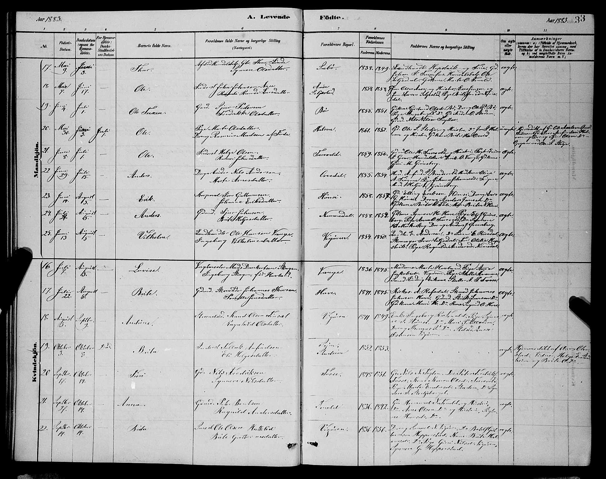 Vik sokneprestembete, AV/SAB-A-81501/H/Hab/Haba/L0003: Parish register (copy) no. A 3, 1878-1894, p. 33