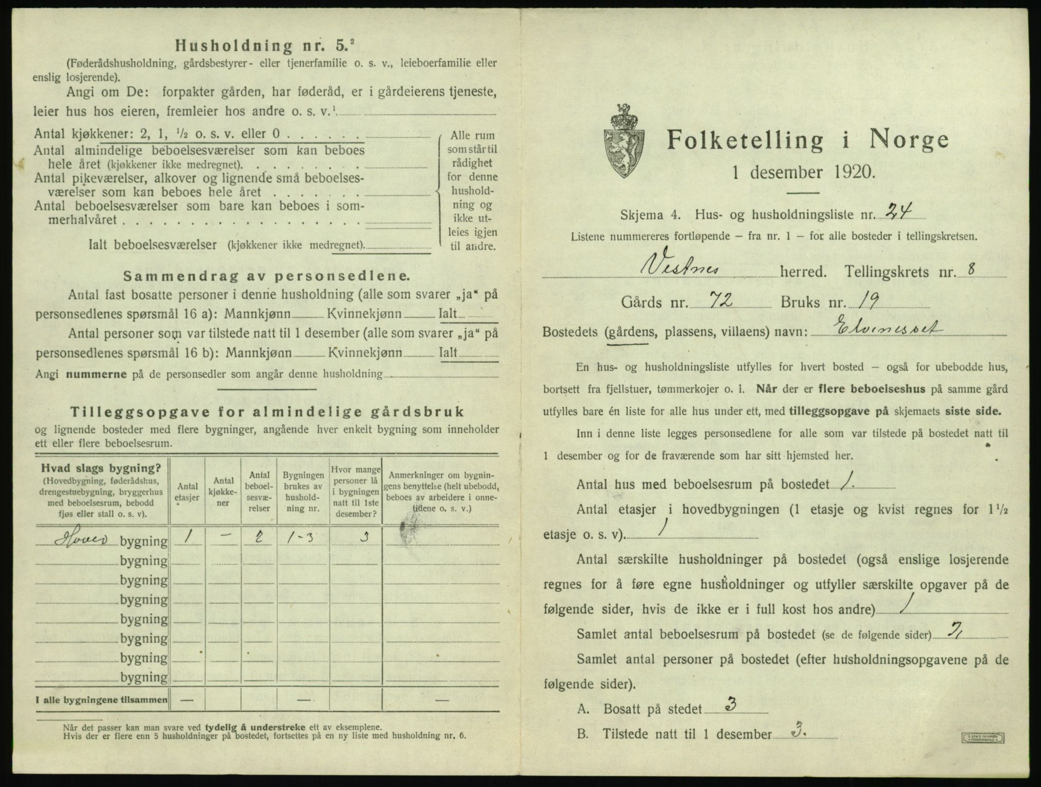 SAT, 1920 census for Vestnes, 1920, p. 913