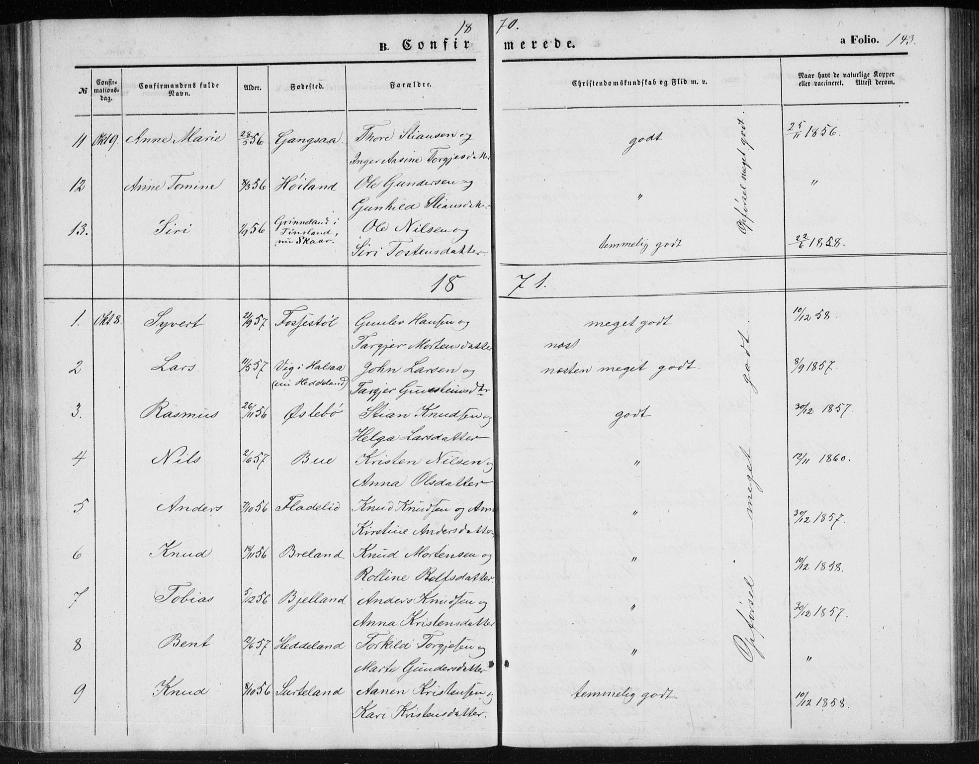 Holum sokneprestkontor, AV/SAK-1111-0022/F/Fb/Fbc/L0002: Parish register (copy) no. B 2, 1860-1882, p. 143