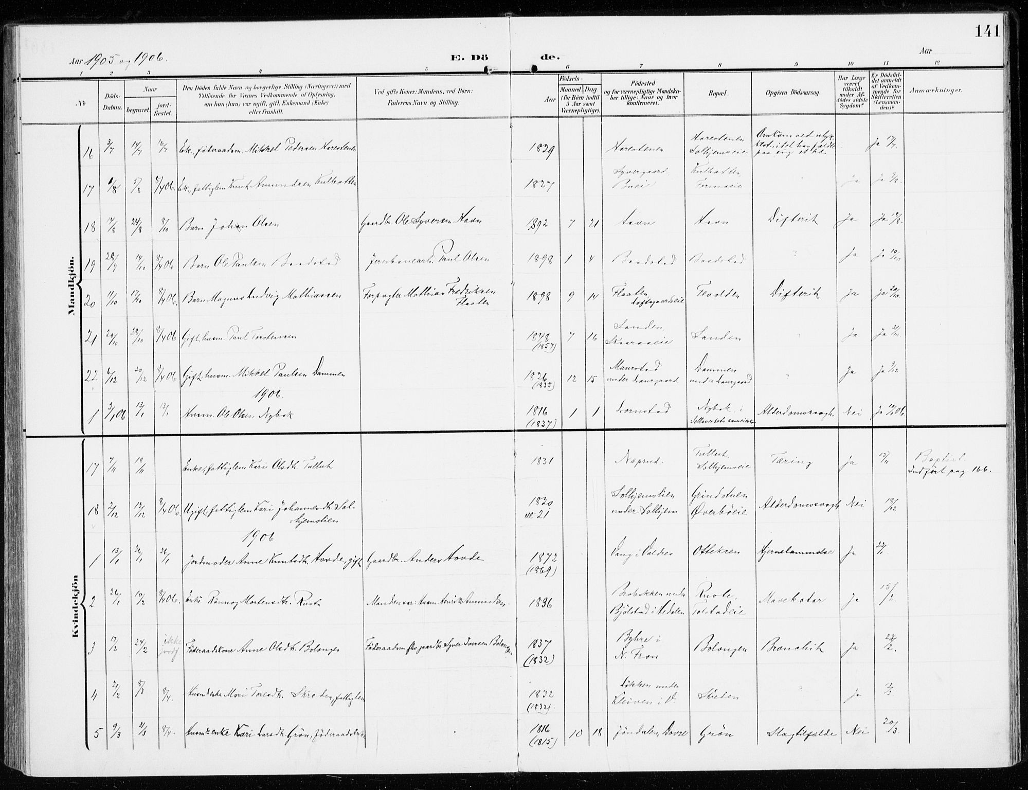 Sel prestekontor, SAH/PREST-074/H/Ha/Haa/L0002: Parish register (official) no. 2, 1905-1919, p. 141
