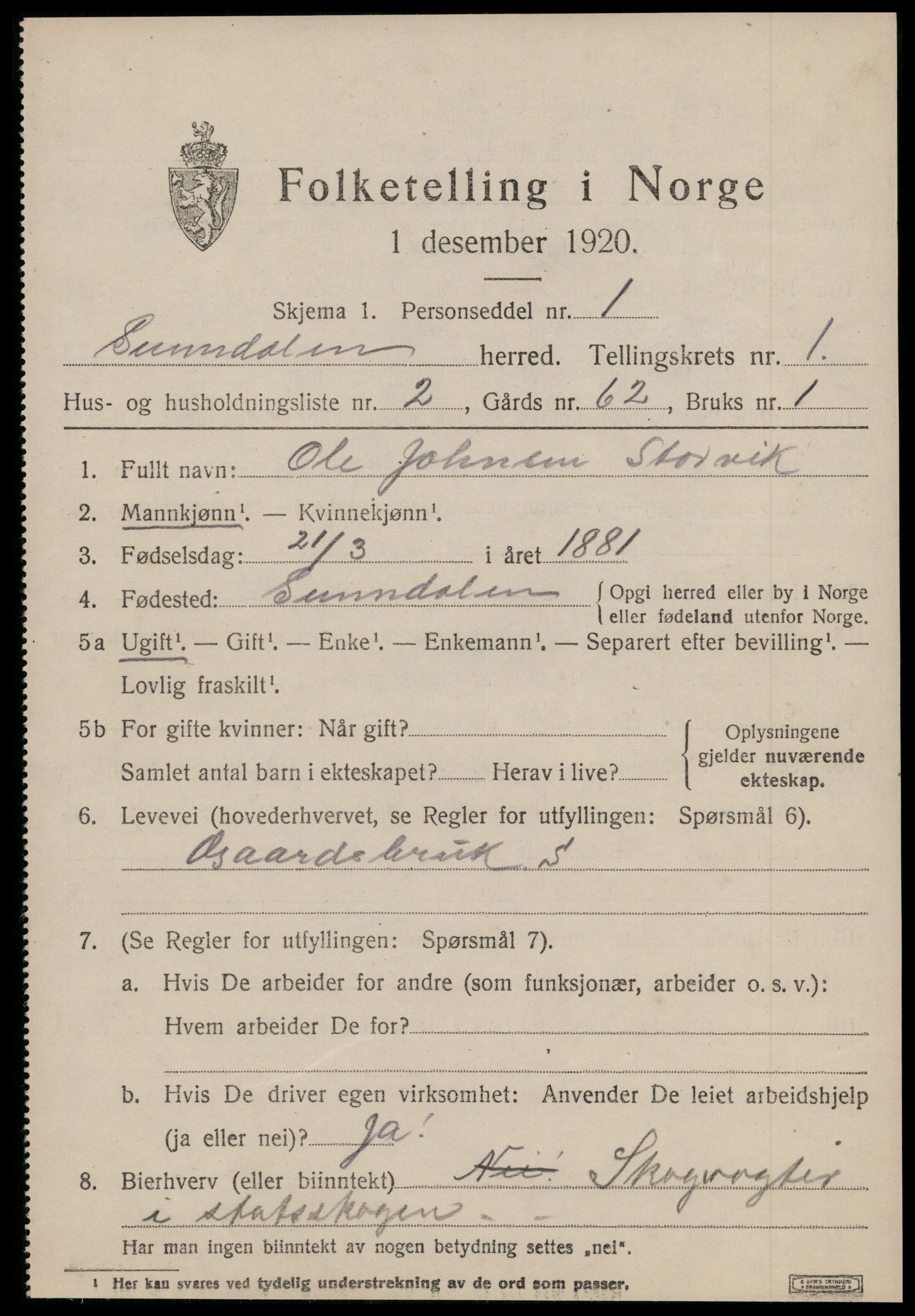 SAT, 1920 census for Sunndal, 1920, p. 798