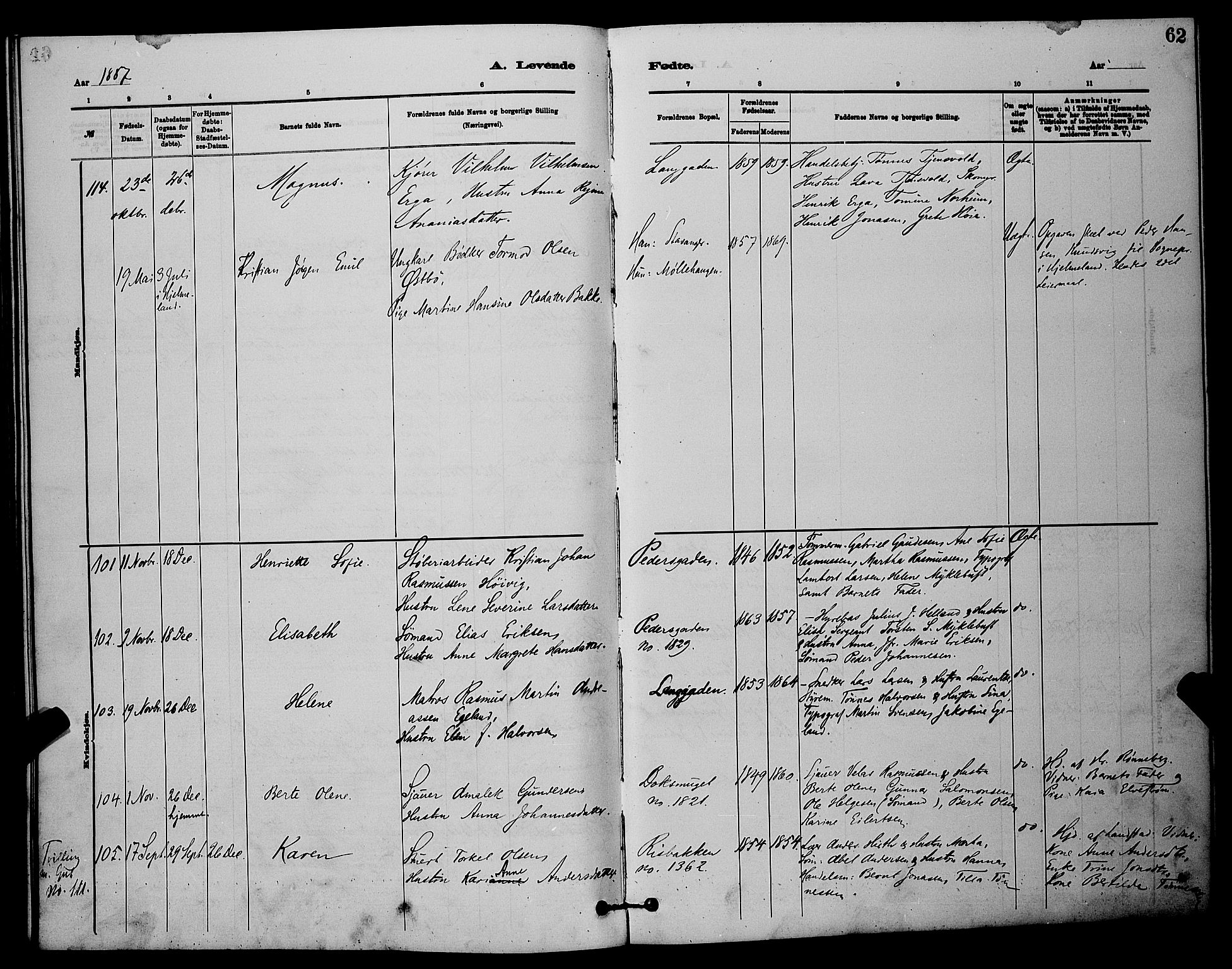 St. Johannes sokneprestkontor, AV/SAST-A-101814/001/30/30BB/L0001: Parish register (copy) no. B 1, 1885-1897, p. 62