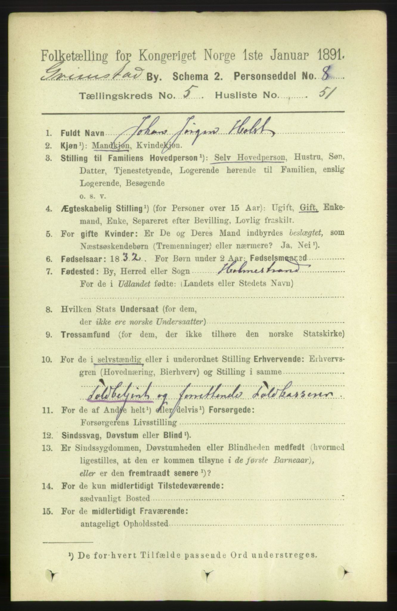 RA, 1891 census for 0904 Grimstad, 1891, p. 3449