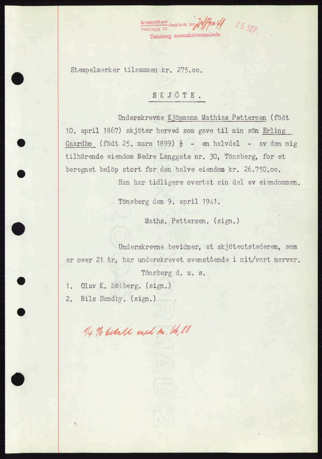 Tønsberg sorenskriveri, AV/SAKO-A-130/G/Ga/Gaa/L0010: Mortgage book no. A10, 1941-1941, Diary no: : 2489/1941